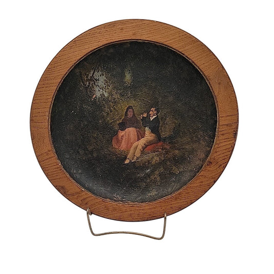 Antique 14" Turned Wood Plaque Charger Oil Painting Flute Player Folk Art Treen