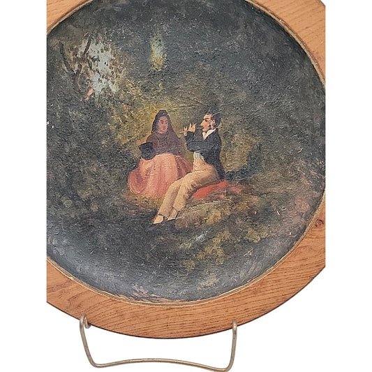 Antique 14" Turned Wood Plaque Charger Oil Painting Flute Player Folk Art Treen