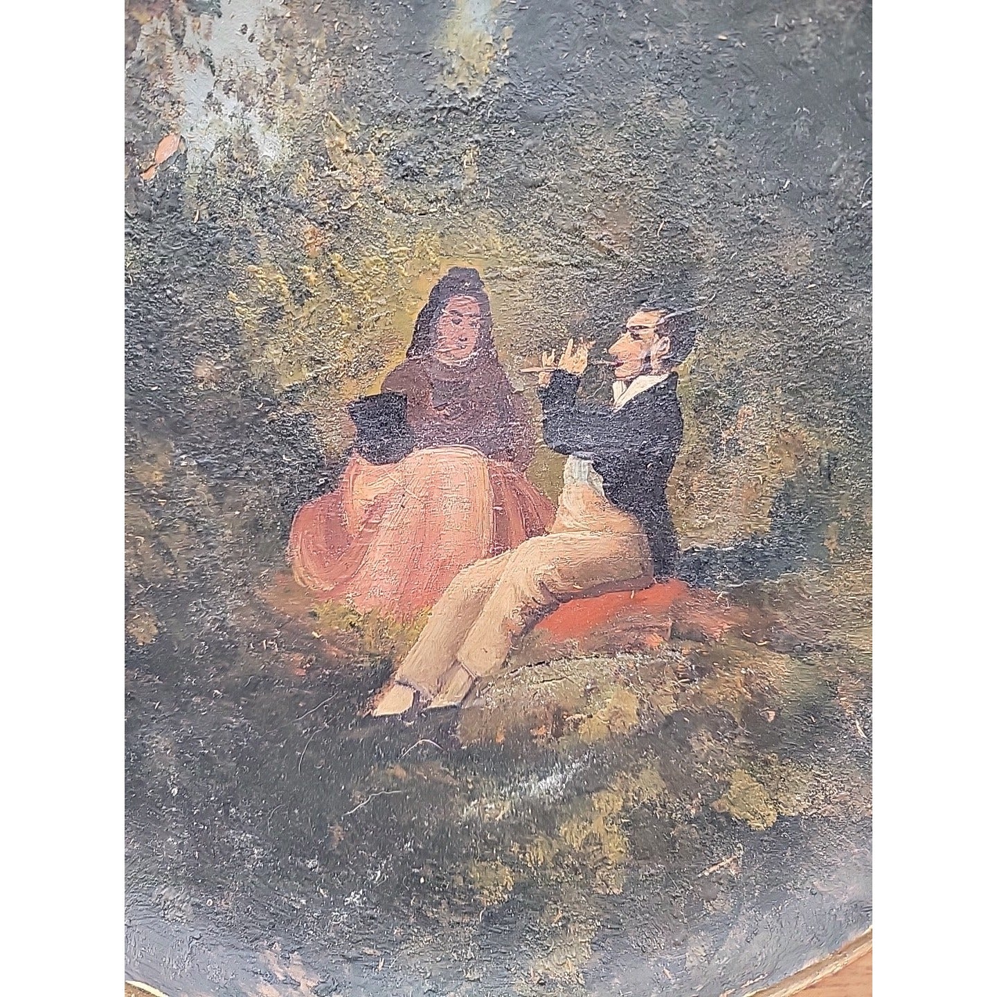 Antique 14" Turned Wood Plaque Charger Oil Painting Flute Player Folk Art Treen