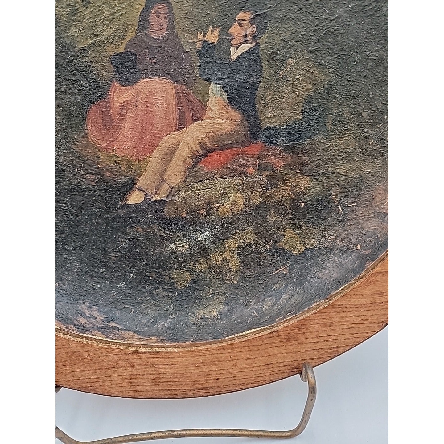 Antique 14" Turned Wood Plaque Charger Oil Painting Flute Player Folk Art Treen