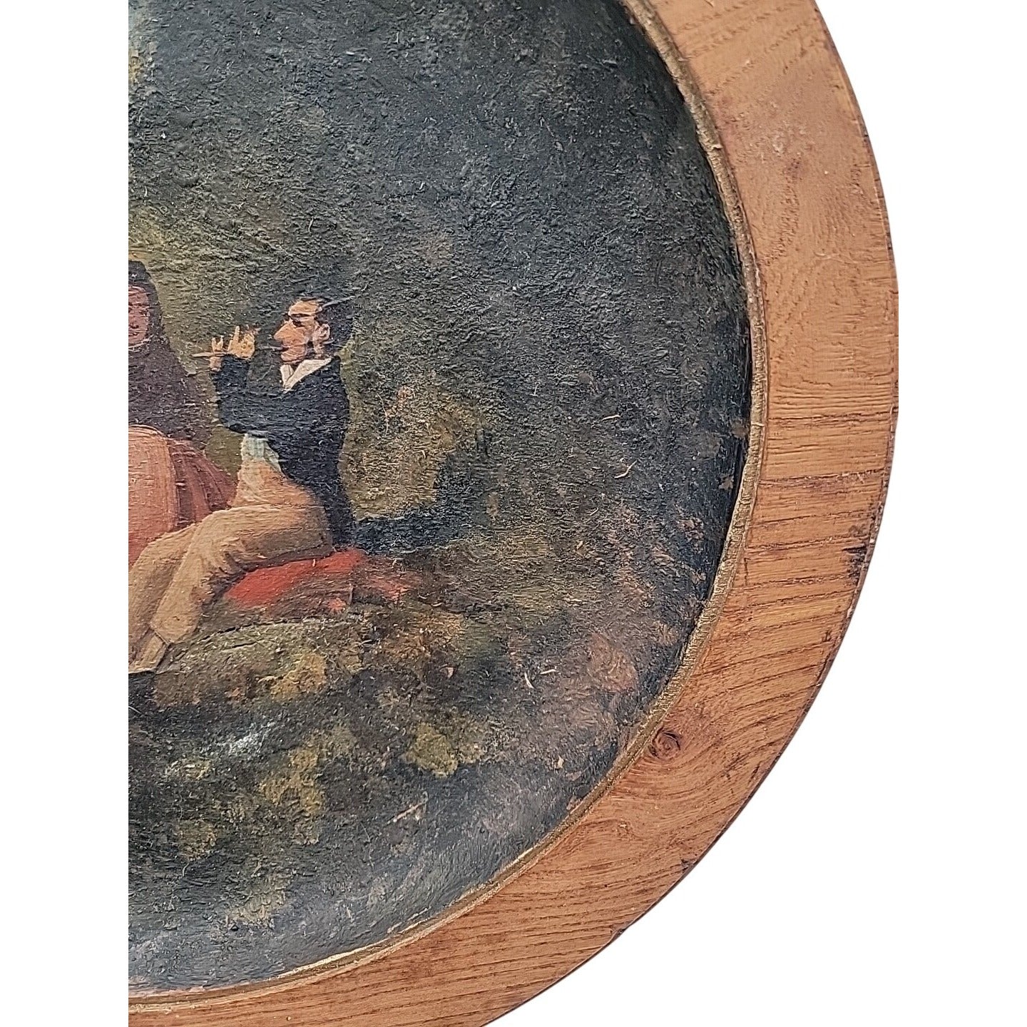 Antique 14" Turned Wood Plaque Charger Oil Painting Flute Player Folk Art Treen