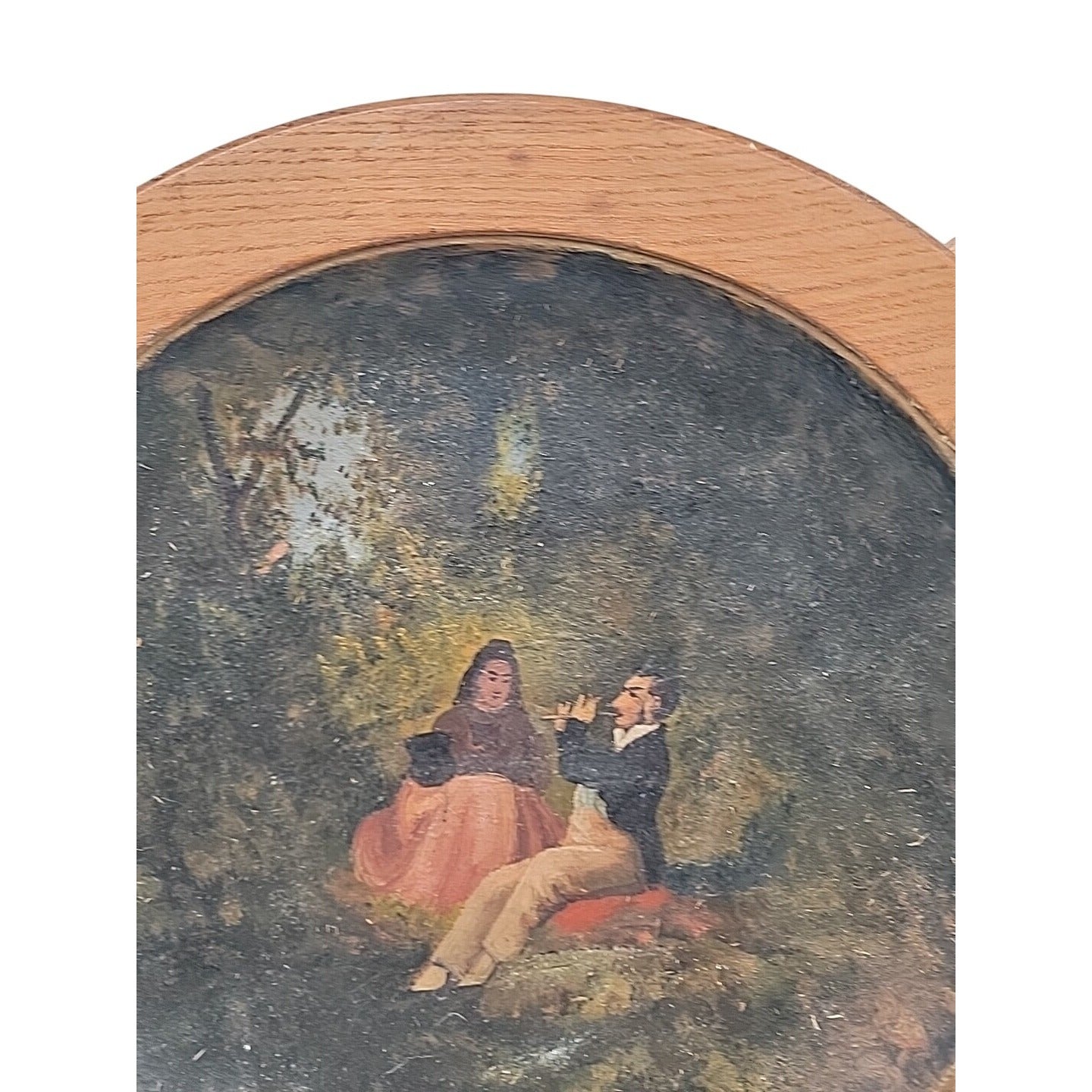 Antique 14" Turned Wood Plaque Charger Oil Painting Flute Player Folk Art Treen