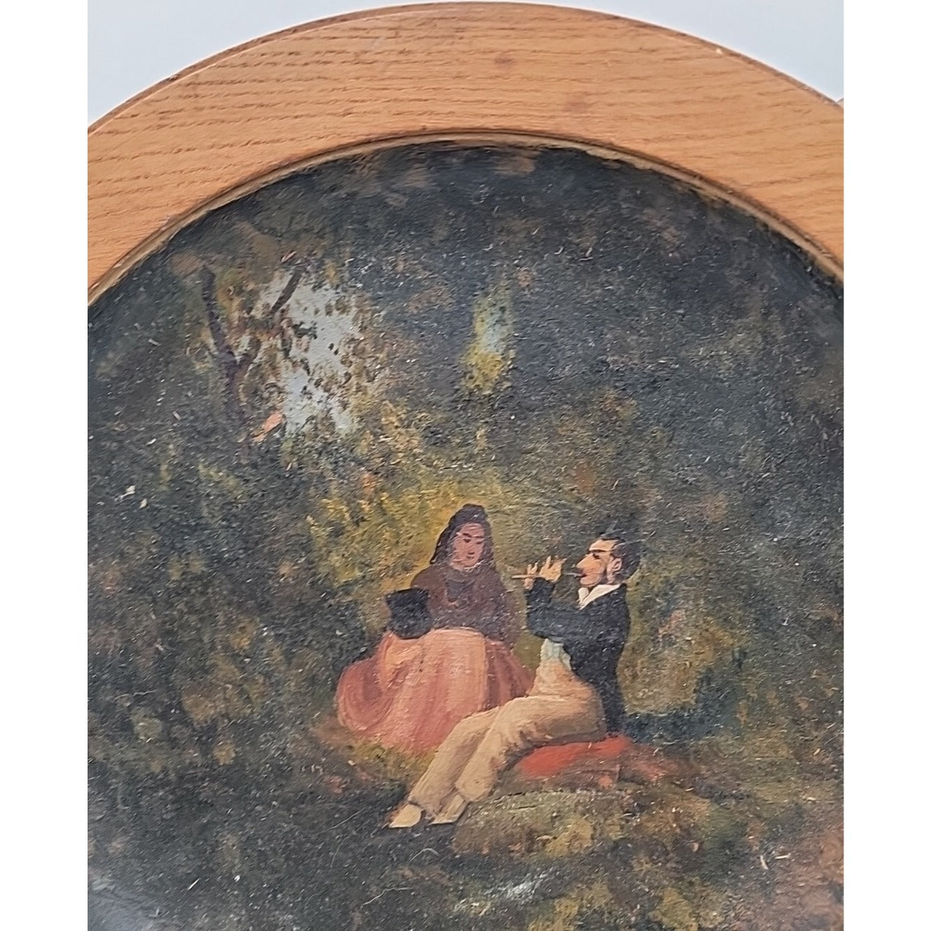 Antique 14" Turned Wood Plaque Charger Oil Painting Flute Player Folk Art Treen