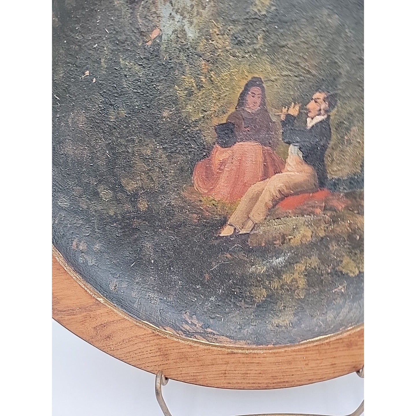 Antique 14" Turned Wood Plaque Charger Oil Painting Flute Player Folk Art Treen