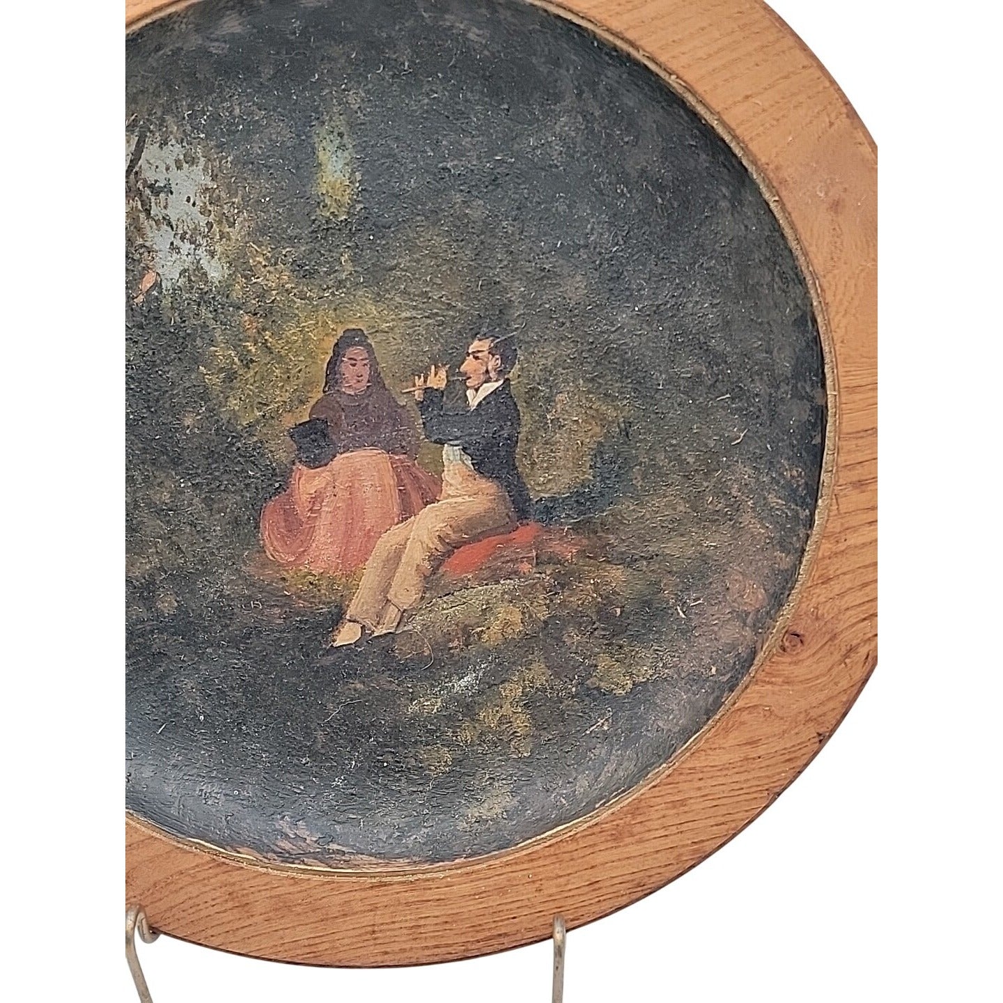 Antique 14" Turned Wood Plaque Charger Oil Painting Flute Player Folk Art Treen