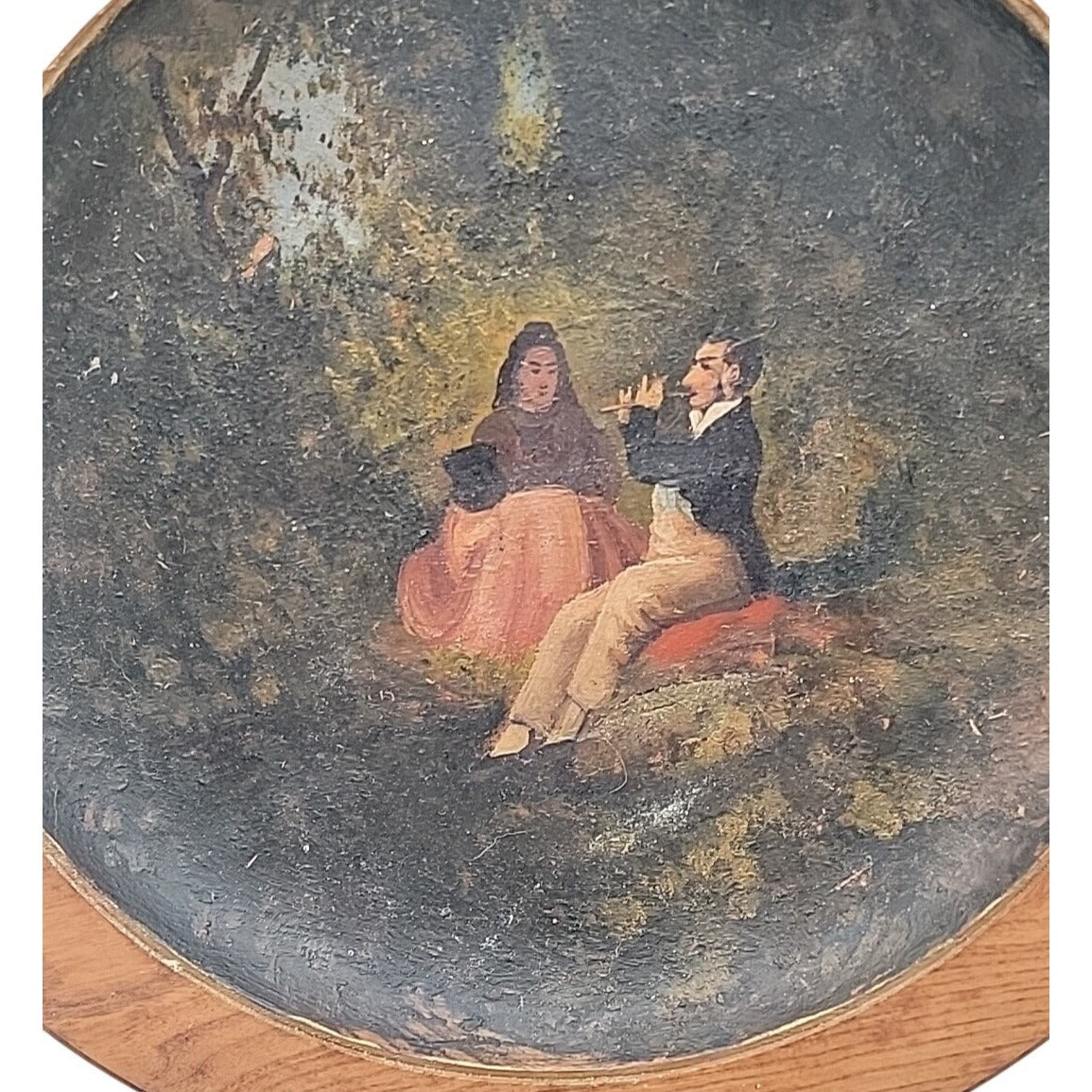 Antique 14" Turned Wood Plaque Charger Oil Painting Flute Player Folk Art Treen
