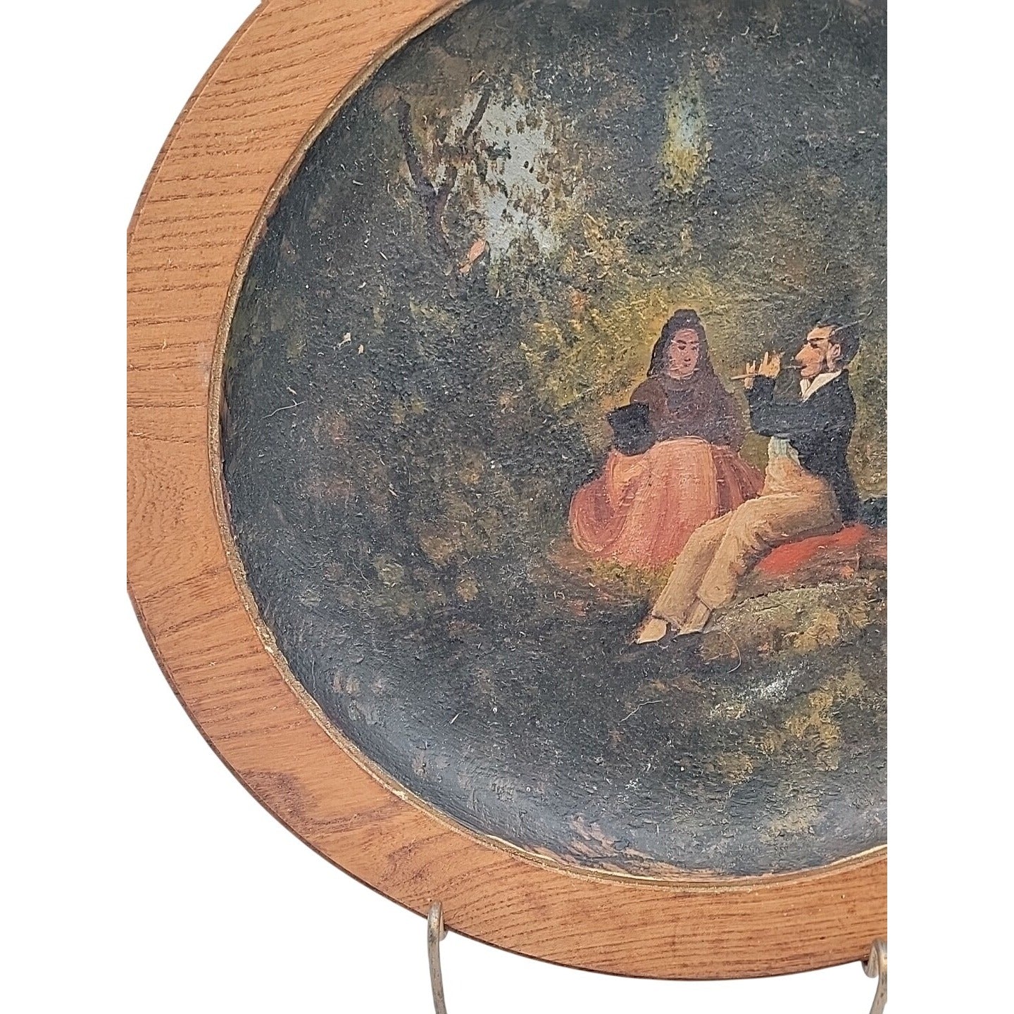 Antique 14" Turned Wood Plaque Charger Oil Painting Flute Player Folk Art Treen