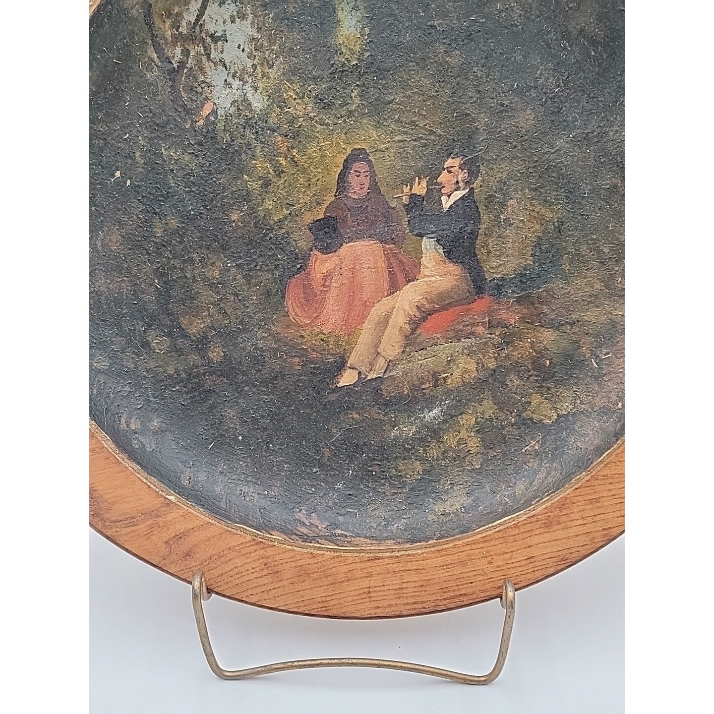 Antique 14" Turned Wood Plaque Charger Oil Painting Flute Player Folk Art Treen