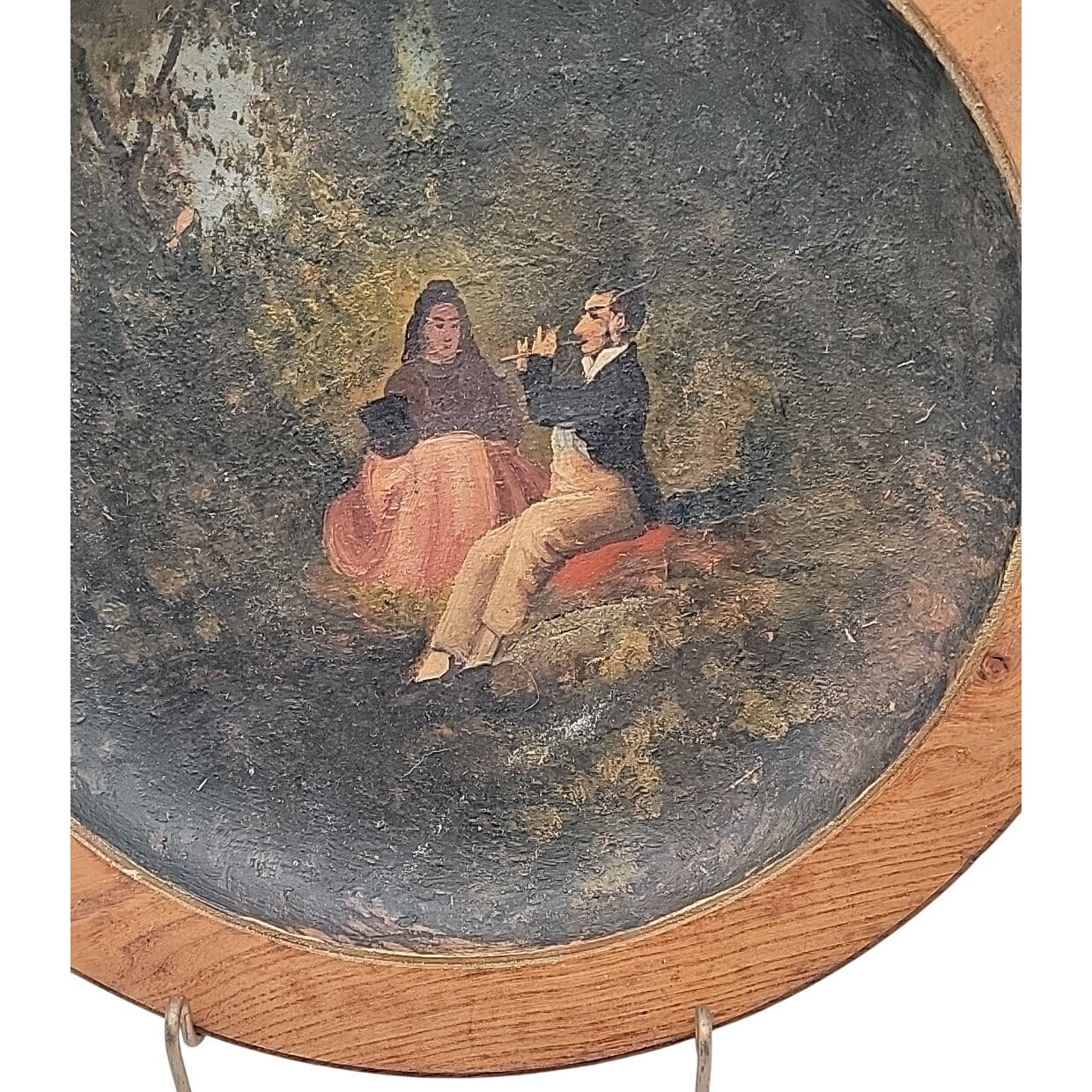 Antique 14" Turned Wood Plaque Charger Oil Painting Flute Player Folk Art Treen