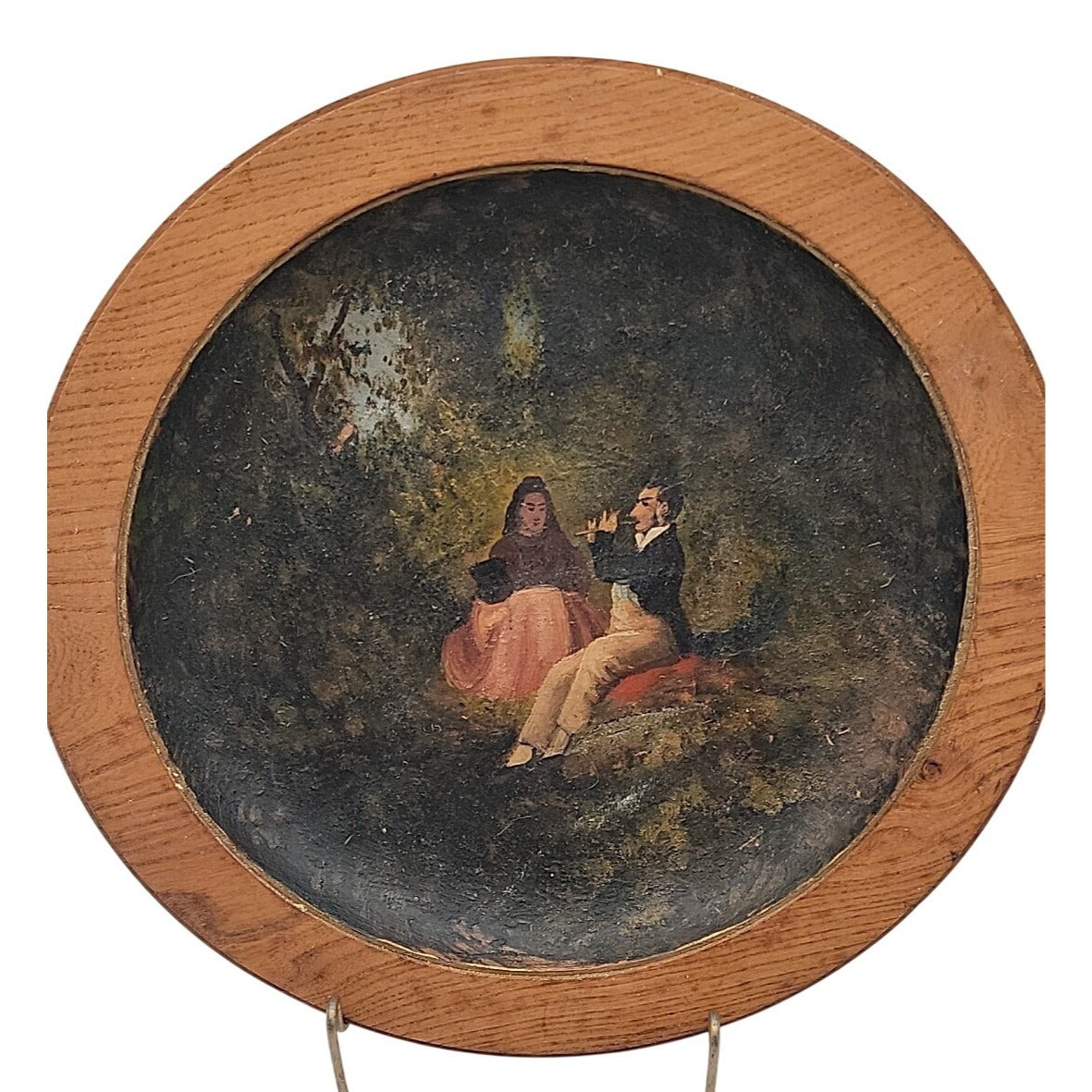 Antique 14" Turned Wood Plaque Charger Oil Painting Flute Player Folk Art Treen