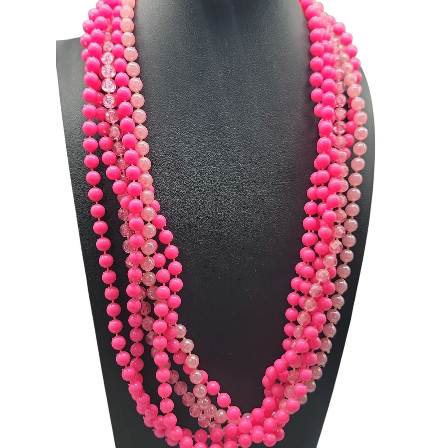 Vintage Selini Hot Pink Lucite Beaded Necklace 5 Strand Layered 1950s Statement