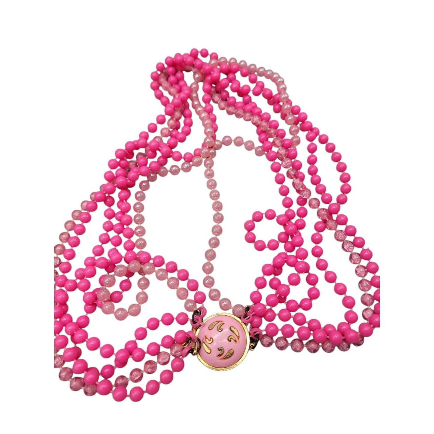Vintage Selini Hot Pink Lucite Beaded Necklace 5 Strand Layered 1950s Statement
