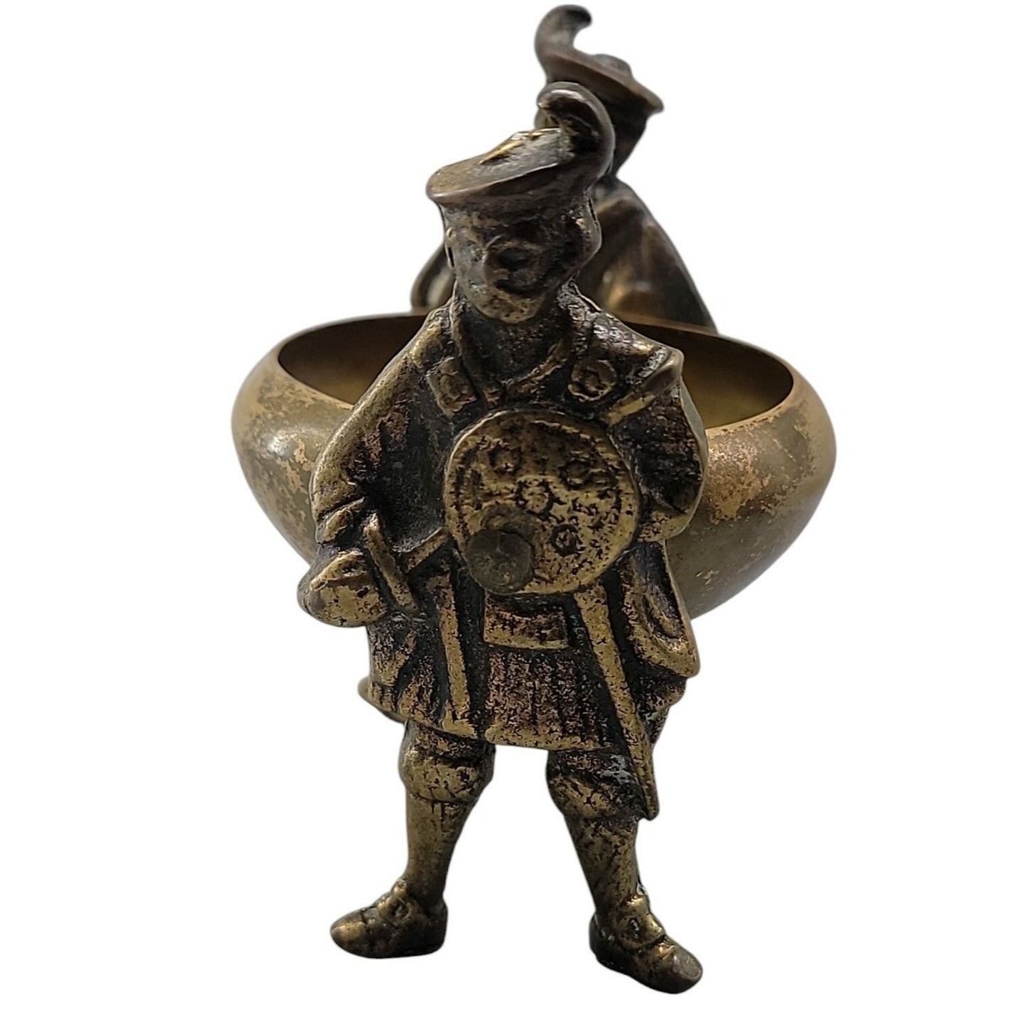 Antique Victorian Brass Figural Salt Cellar Cauldron Soldier Handles British