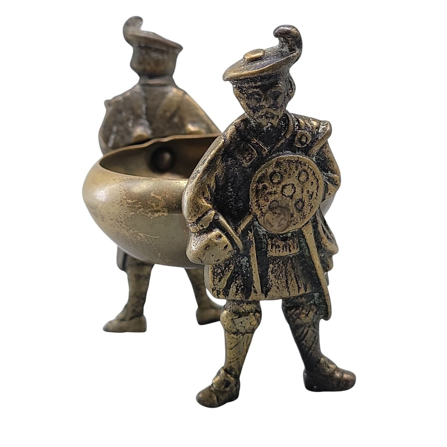 Antique Victorian Brass Figural Salt Cellar Cauldron Soldier Handles British