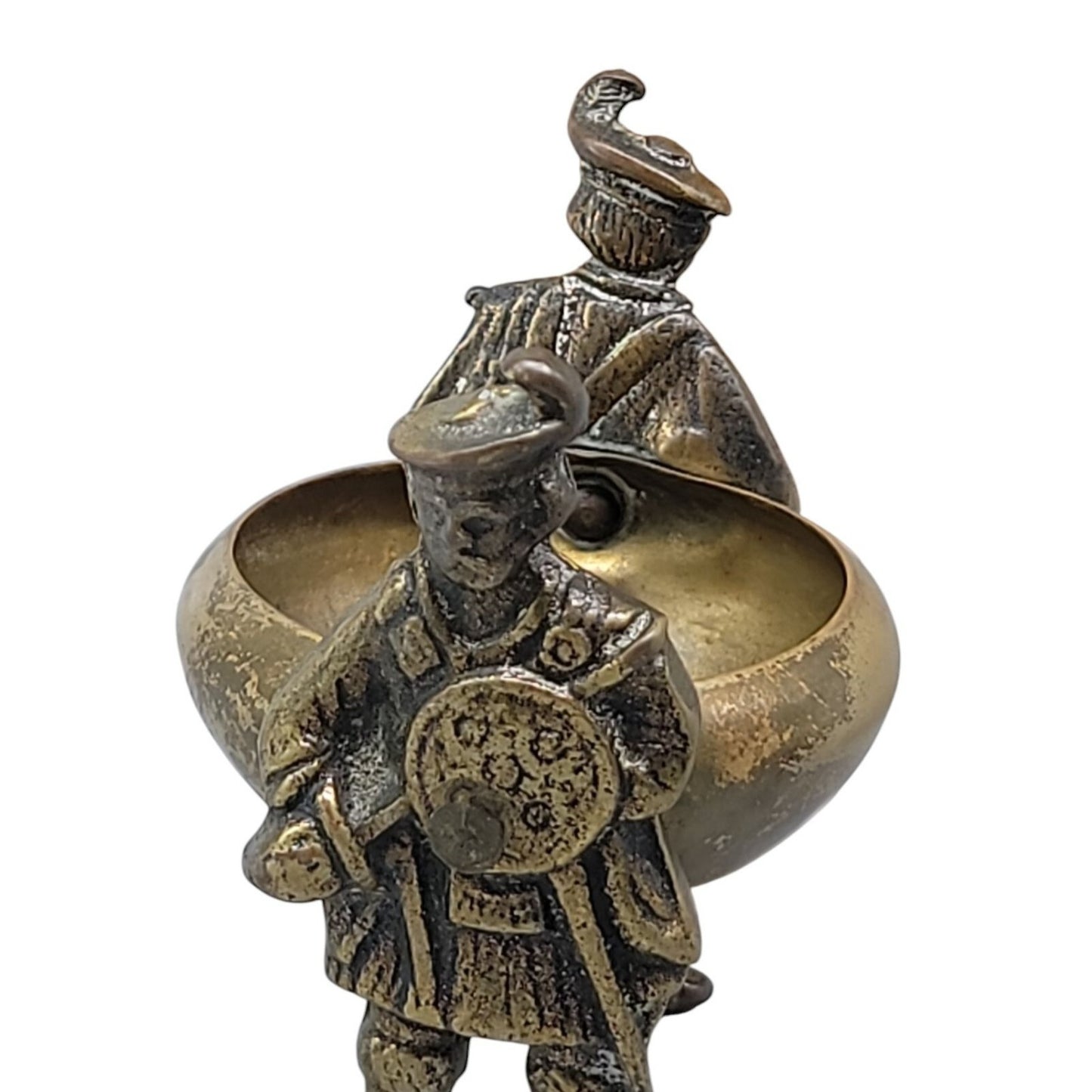 Antique Victorian Brass Figural Salt Cellar Cauldron Soldier Handles British