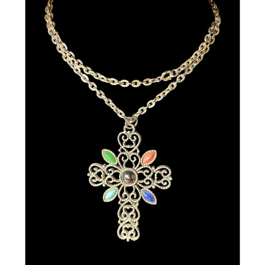 Avon Necklace 1972 24”silver Tone  W/3” Cross Faux Stones