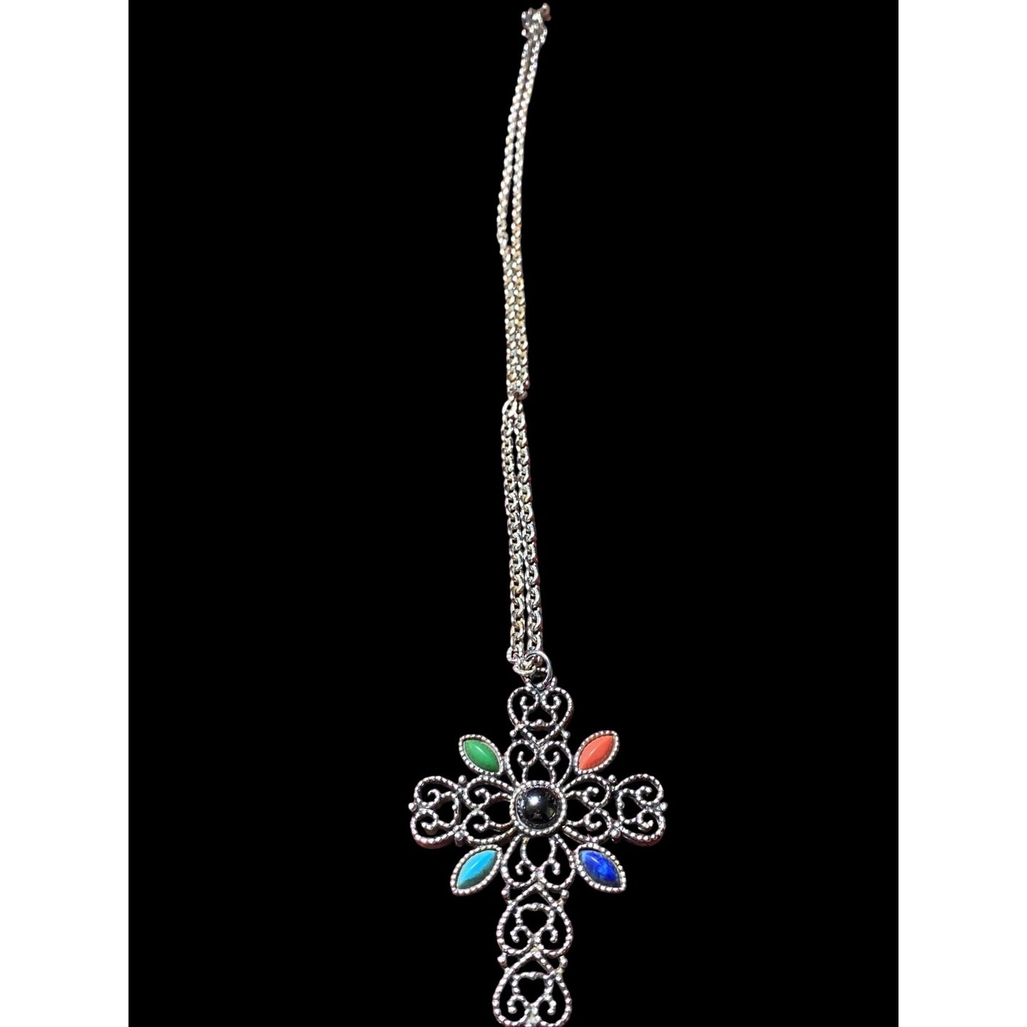 Avon Necklace 1972 24”silver Tone  W/3” Cross Faux Stones