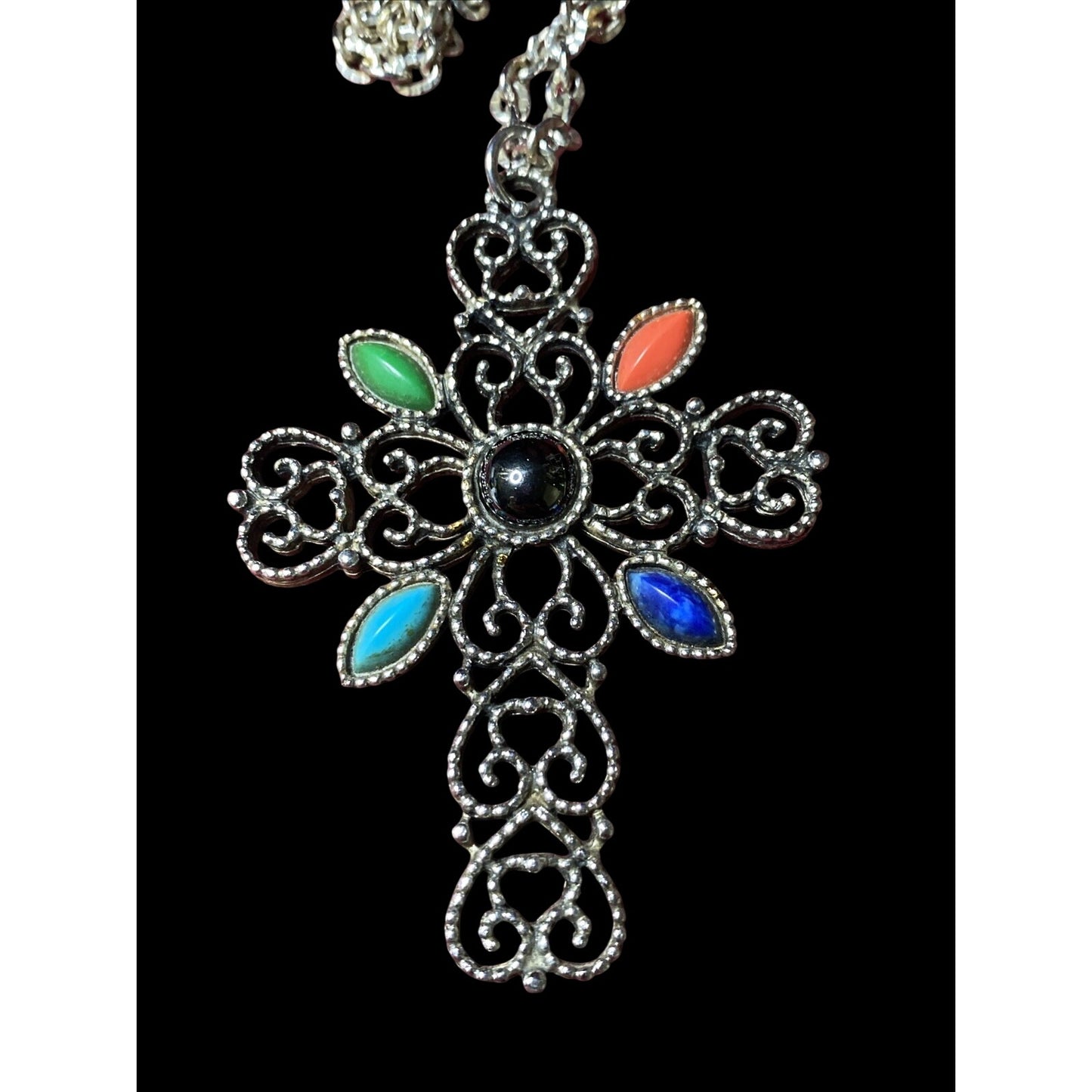 Avon Necklace 1972 24”silver Tone  W/3” Cross Faux Stones