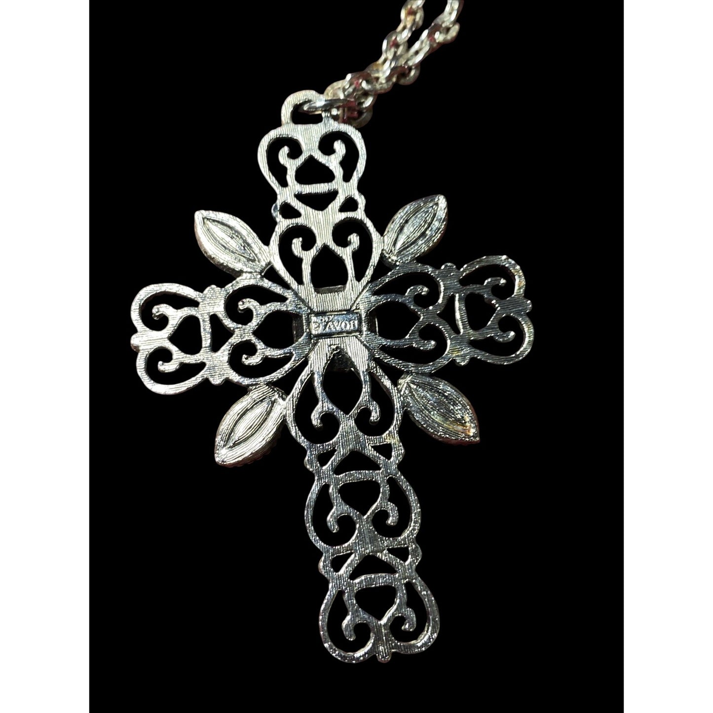 Avon Necklace 1972 24”silver Tone  W/3” Cross Faux Stones