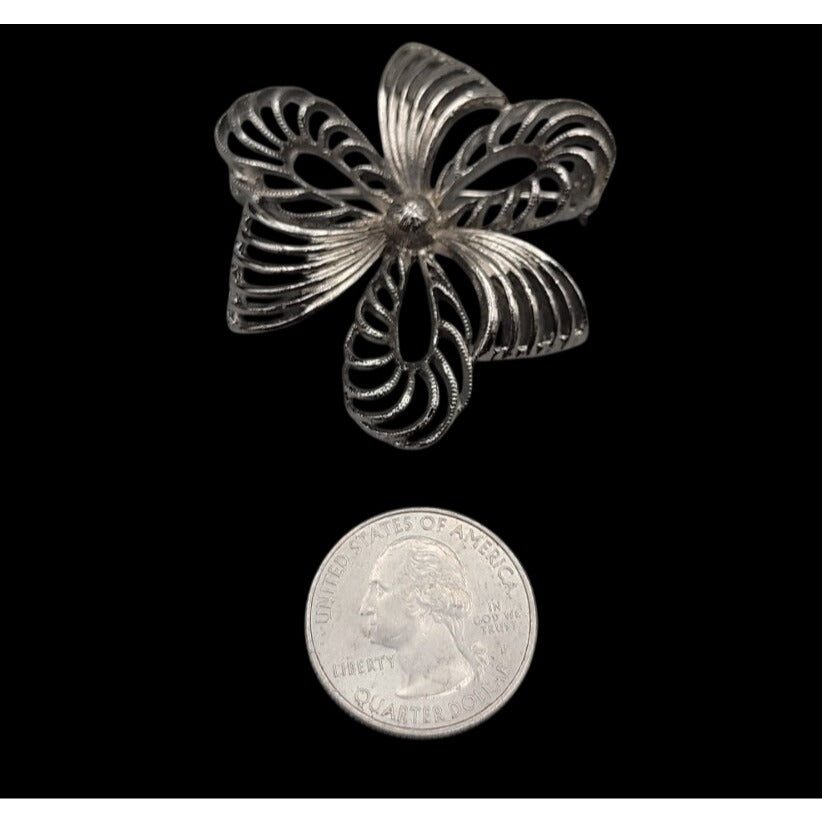 Vintage Lisner Bow Ribbon Brooch Pin Open Metal Work Textured Silver Tone