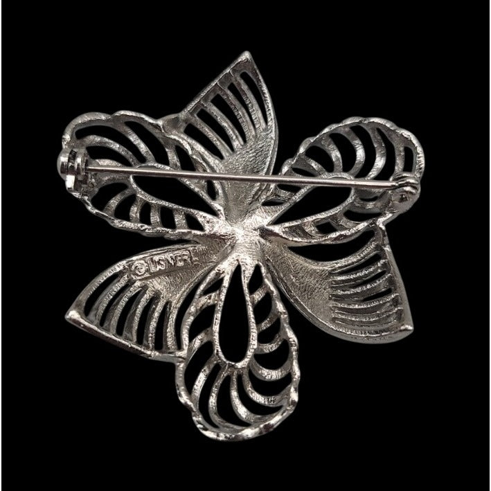 Vintage Lisner Bow Ribbon Brooch Pin Open Metal Work Textured Silver Tone