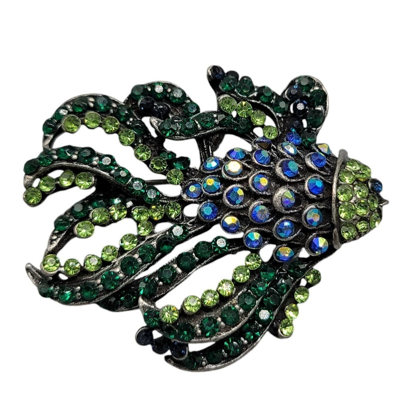 Sparkling Rhinestones Fish Brooch Pendant  Bright Green Blue Gunmetal Gray Metal