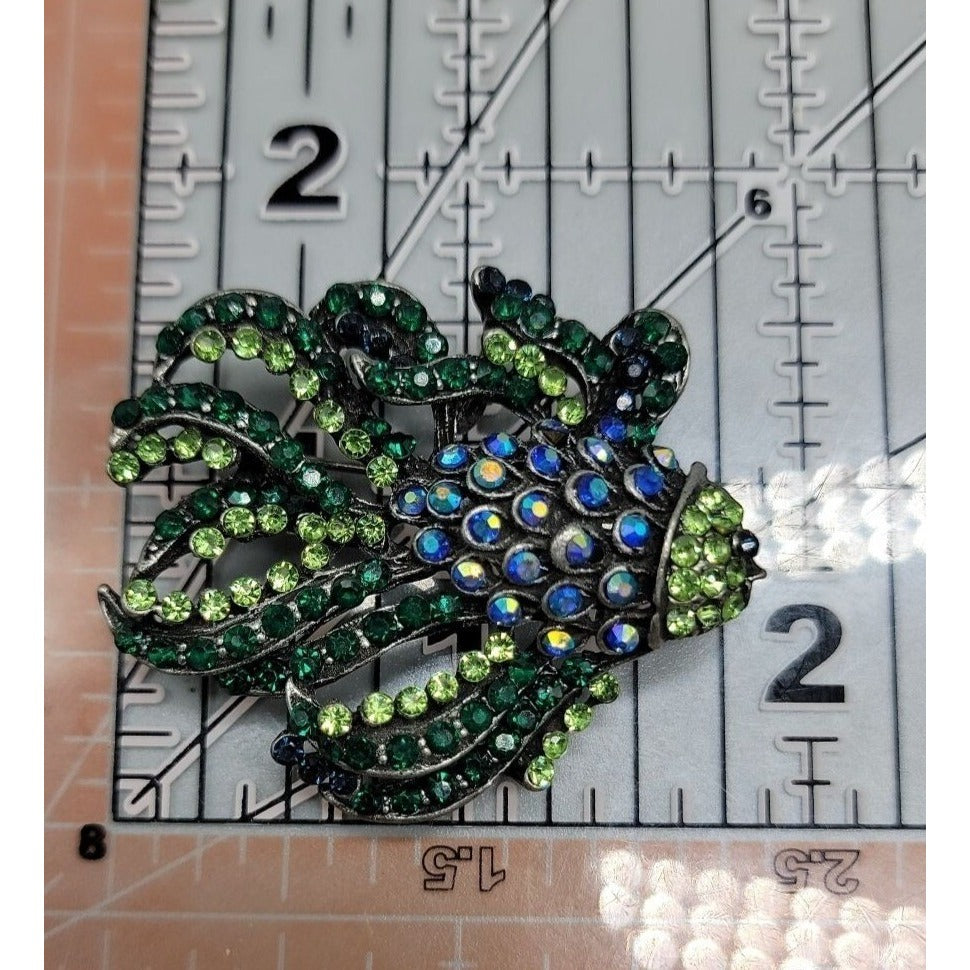 Sparkling Rhinestones Fish Brooch Pendant  Bright Green Blue Gunmetal Gray Metal