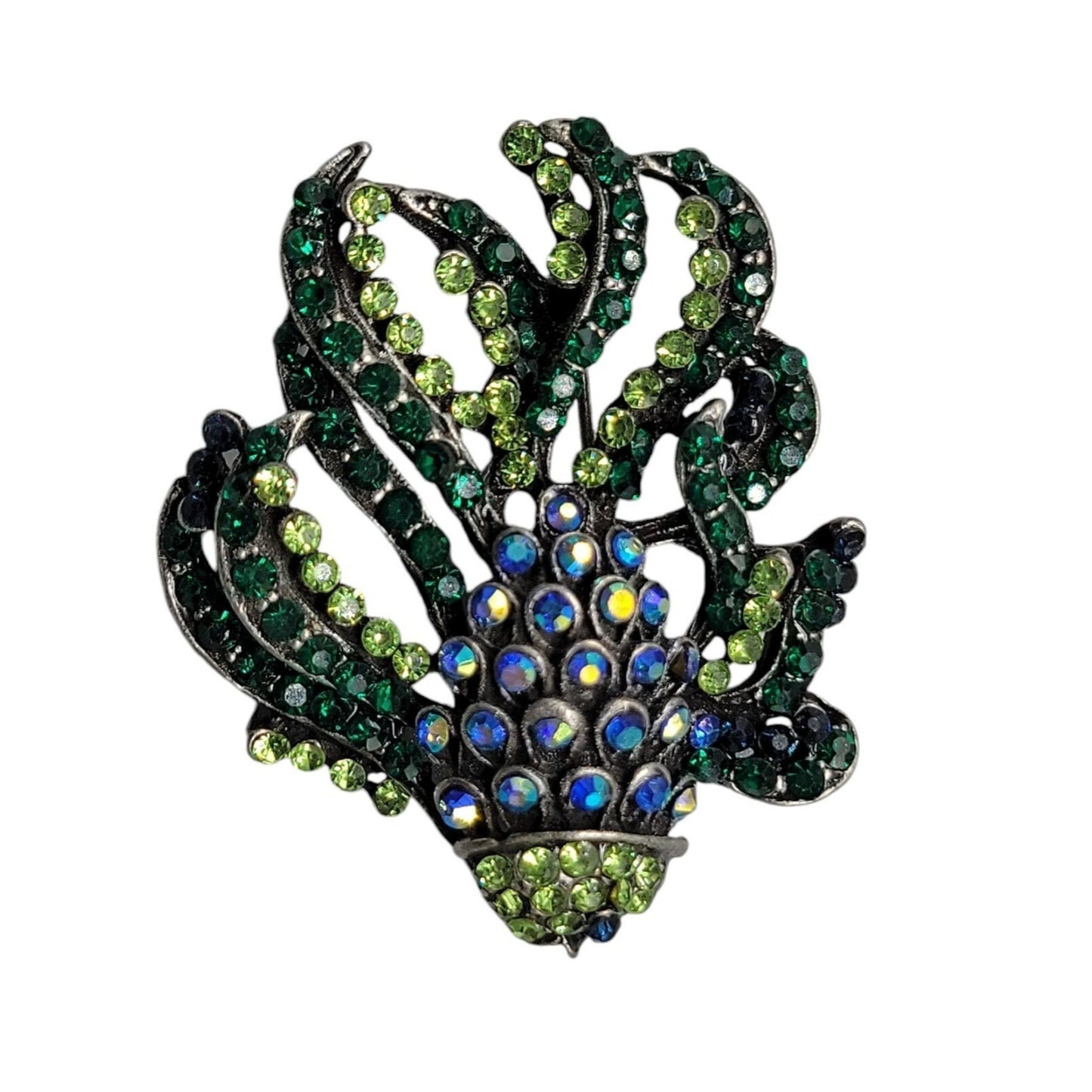 Sparkling Rhinestones Fish Brooch Pendant  Bright Green Blue Gunmetal Gray Metal