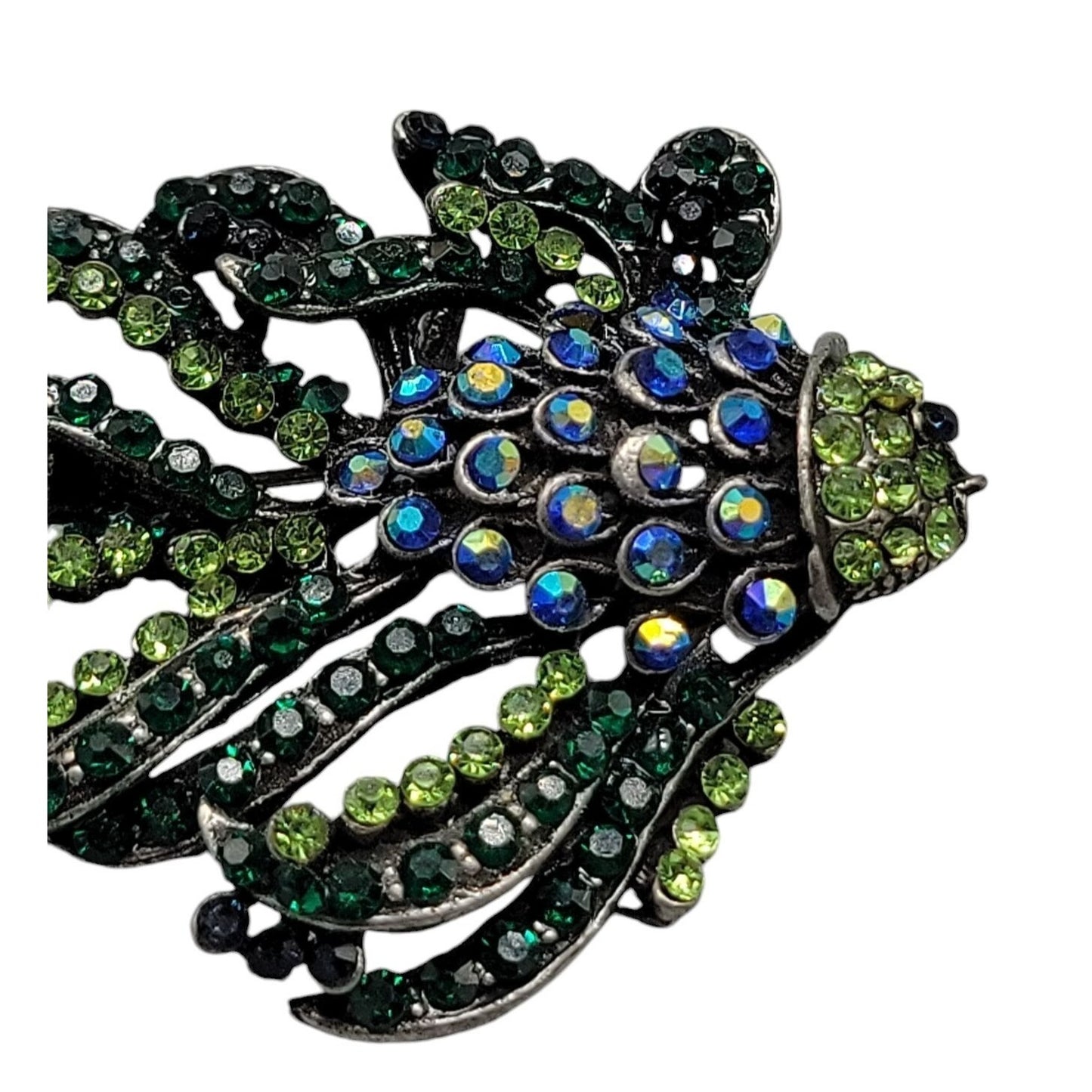 Sparkling Rhinestones Fish Brooch Pendant  Bright Green Blue Gunmetal Gray Metal