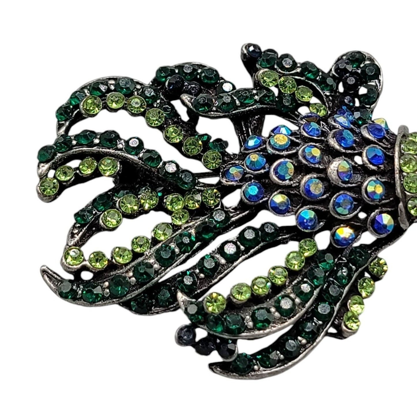 Sparkling Rhinestones Fish Brooch Pendant  Bright Green Blue Gunmetal Gray Metal