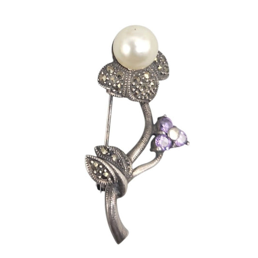 Vintage Sterling Amethyst Marcasite Floral Brooch Faux Pearl 925 Silver w/Gems