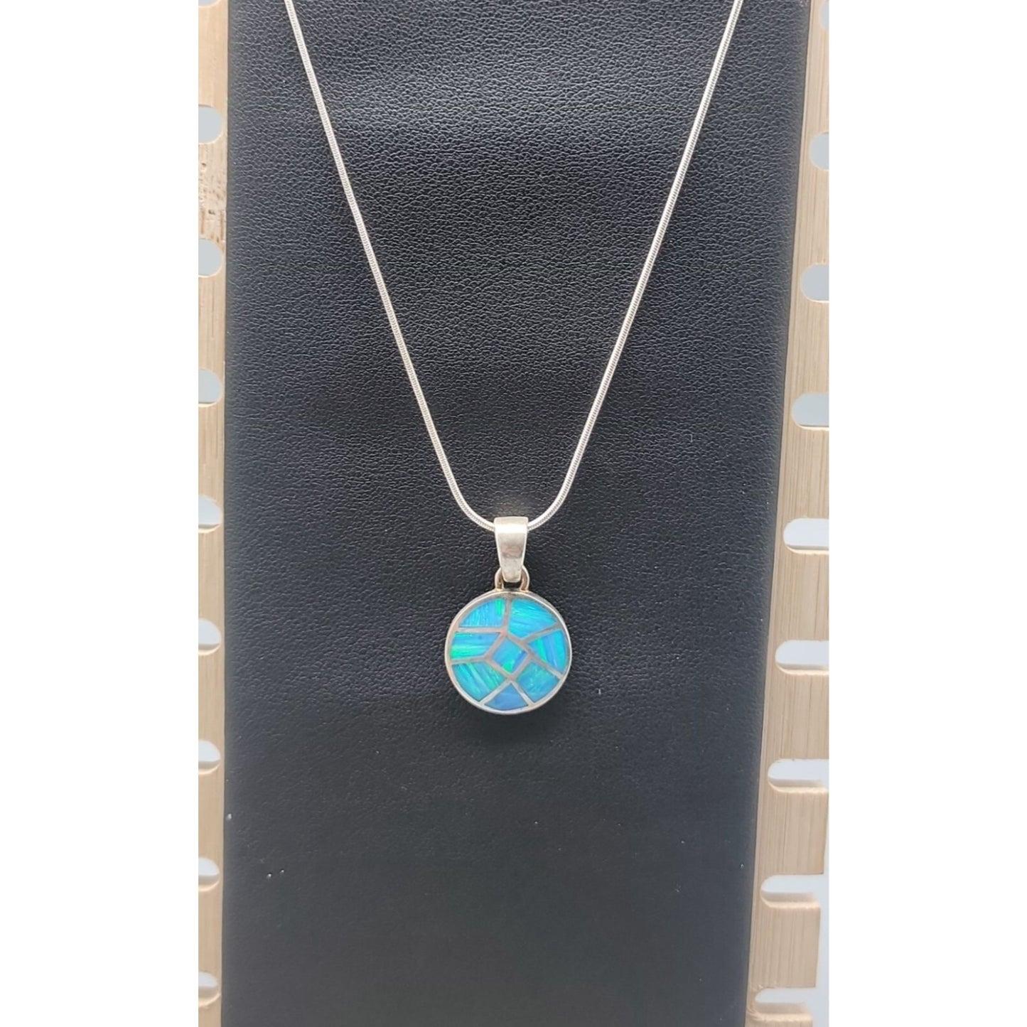Sterling Silver Inlaid Blue Opal Pendant Necklace 16" Chain Signed ind0925