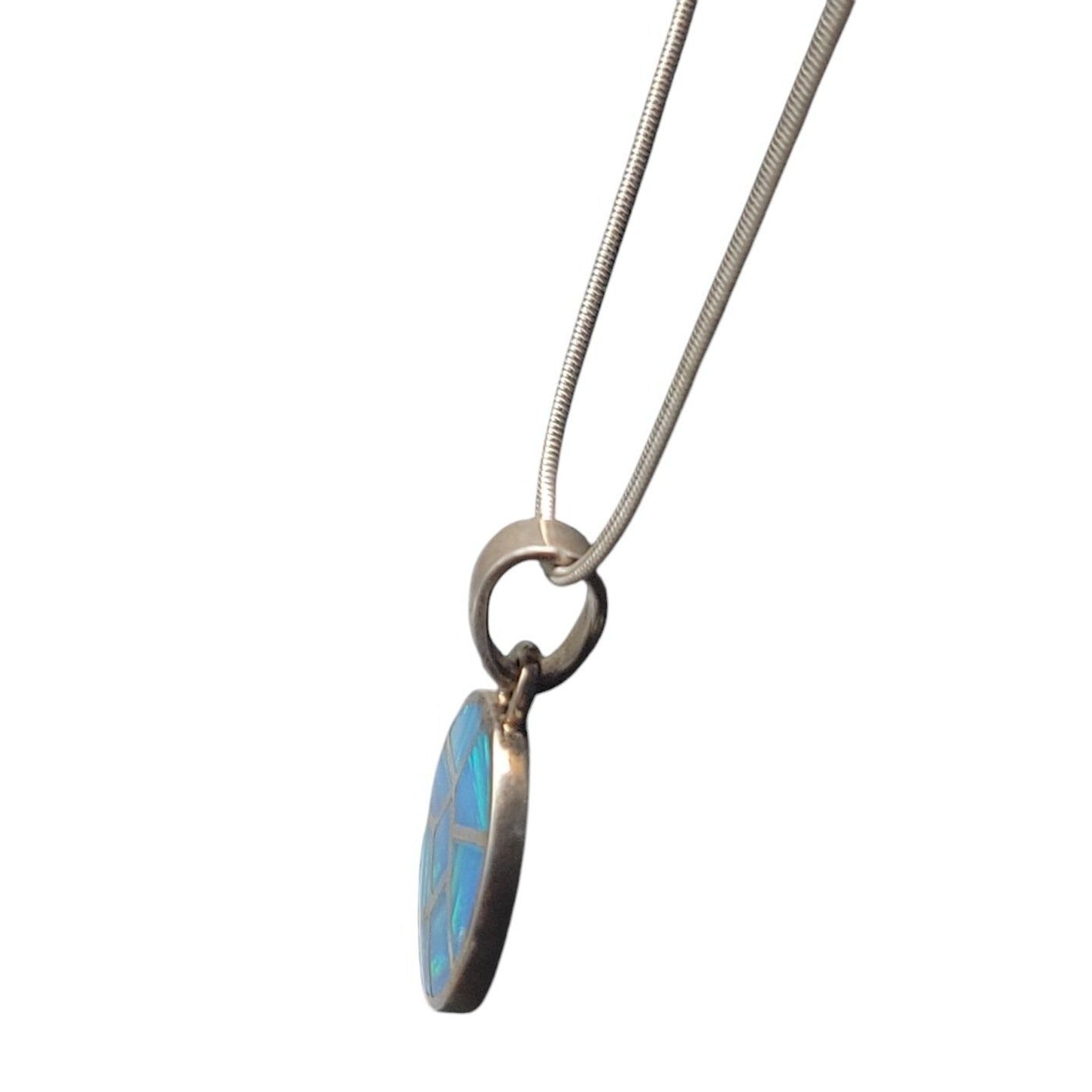 Sterling Silver Inlaid Blue Opal Pendant Necklace 16" Chain Signed ind0925