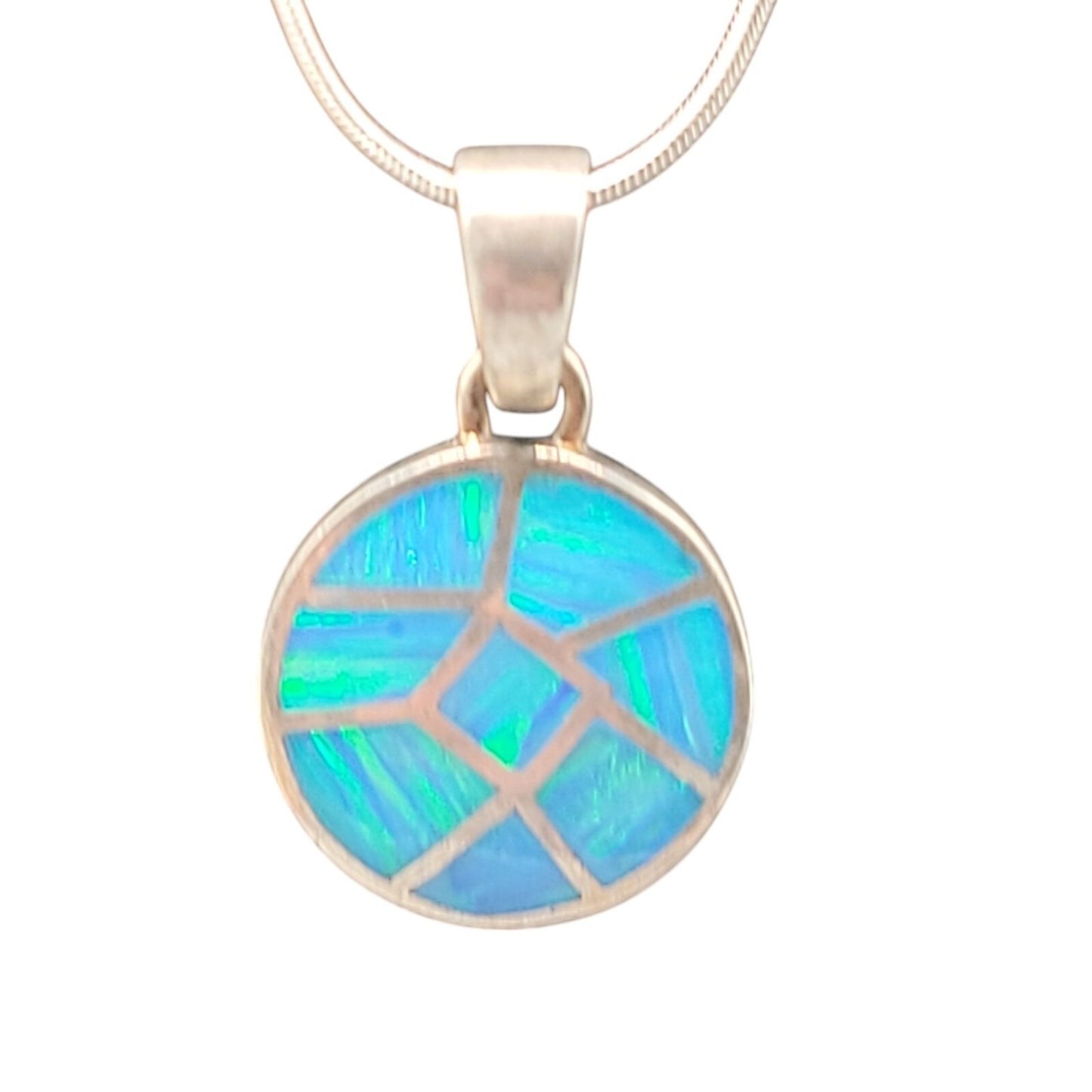 Sterling Silver Inlaid Blue Opal Pendant Necklace 16" Chain Signed ind0925