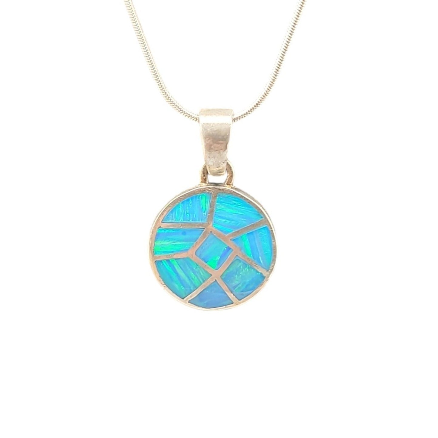 Sterling Silver Inlaid Blue Opal Pendant Necklace 16" Chain Signed ind0925