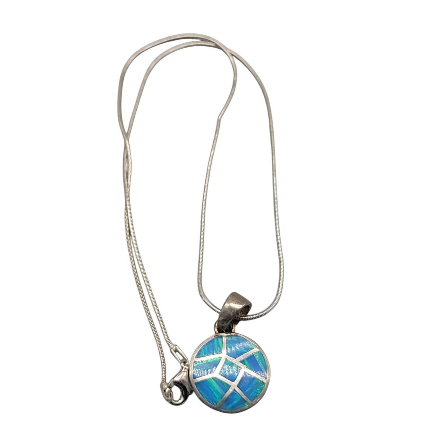 Sterling Silver Inlaid Blue Opal Pendant Necklace 16" Chain Signed ind0925