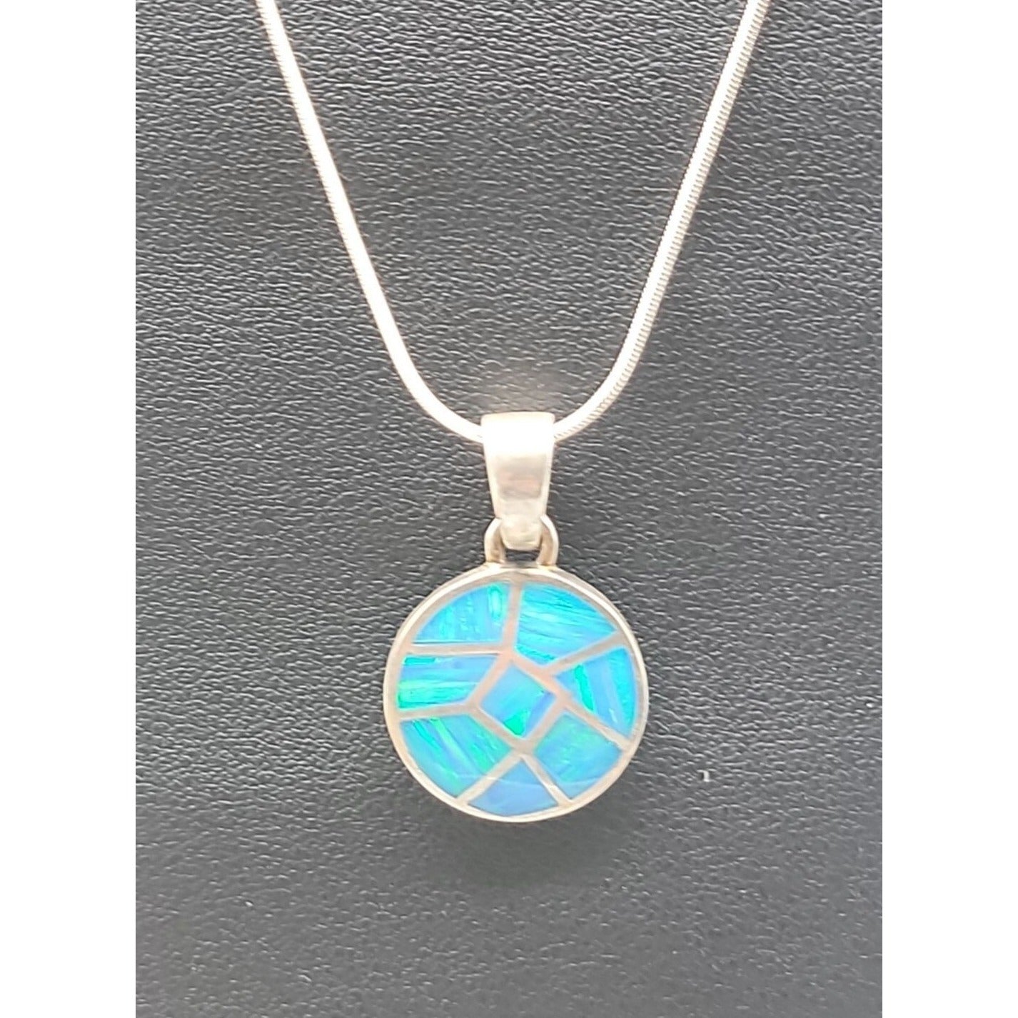 Sterling Silver Inlaid Blue Opal Pendant Necklace 16" Chain Signed ind0925