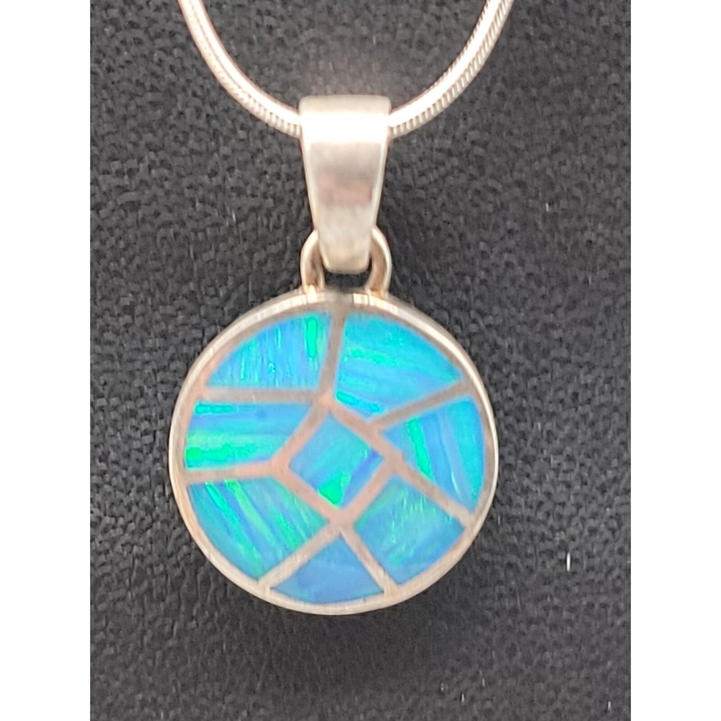 Sterling Silver Inlaid Blue Opal Pendant Necklace 16" Chain Signed ind0925