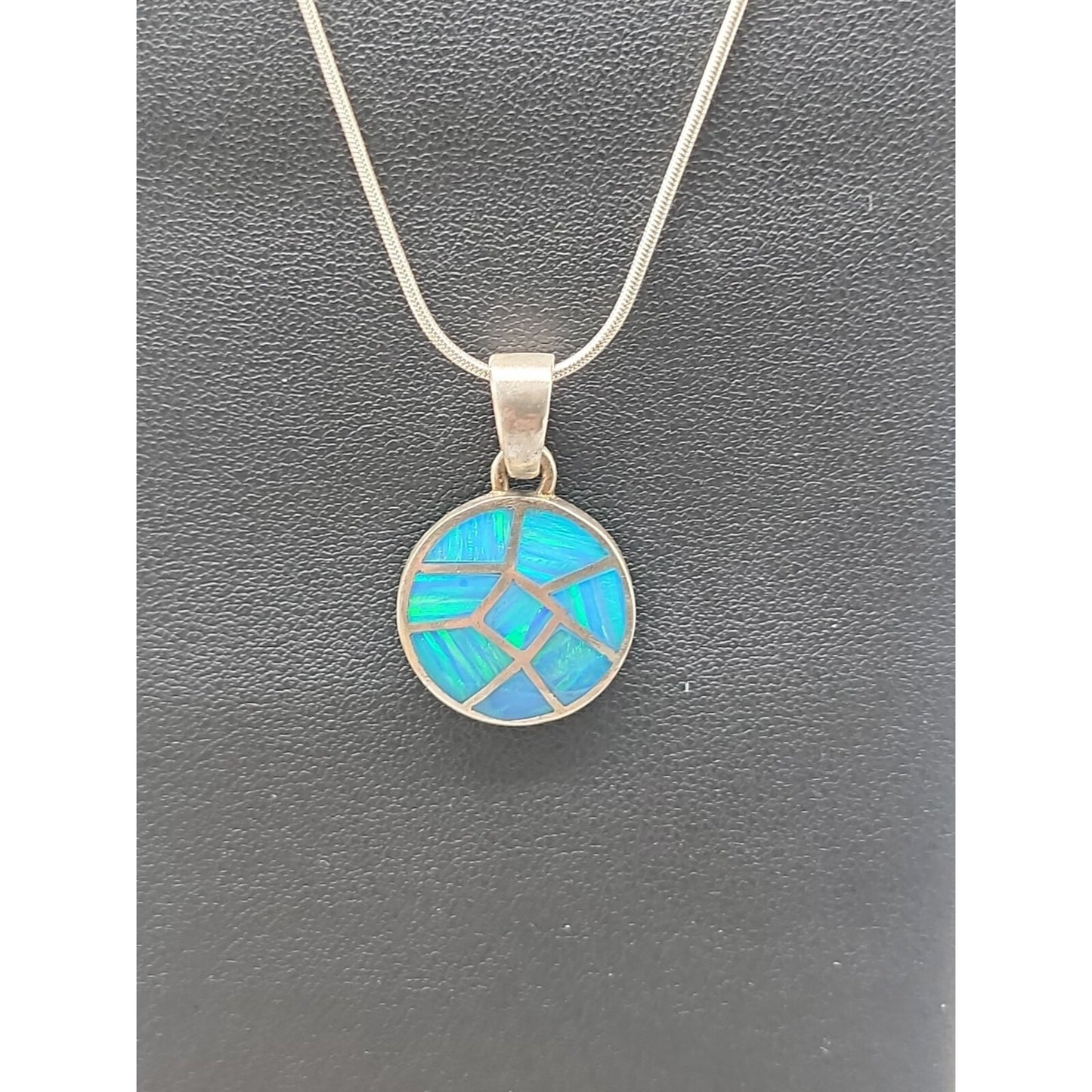 Sterling Silver Inlaid Blue Opal Pendant Necklace 16" Chain Signed ind0925