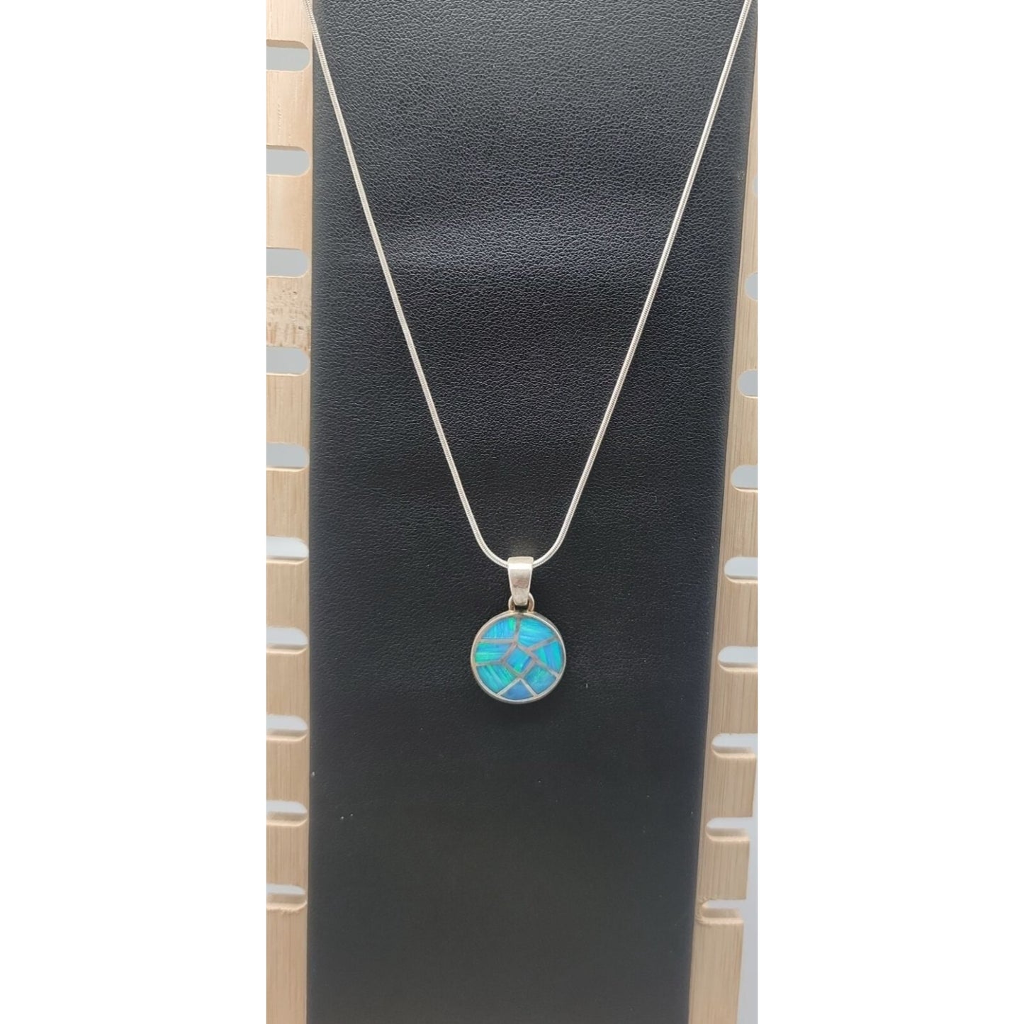 Sterling Silver Inlaid Blue Opal Pendant Necklace 16" Chain Signed ind0925