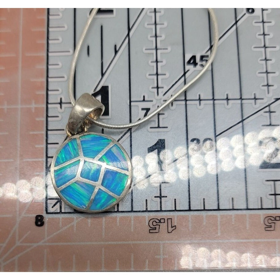 Sterling Silver Inlaid Blue Opal Pendant Necklace 16" Chain Signed ind0925