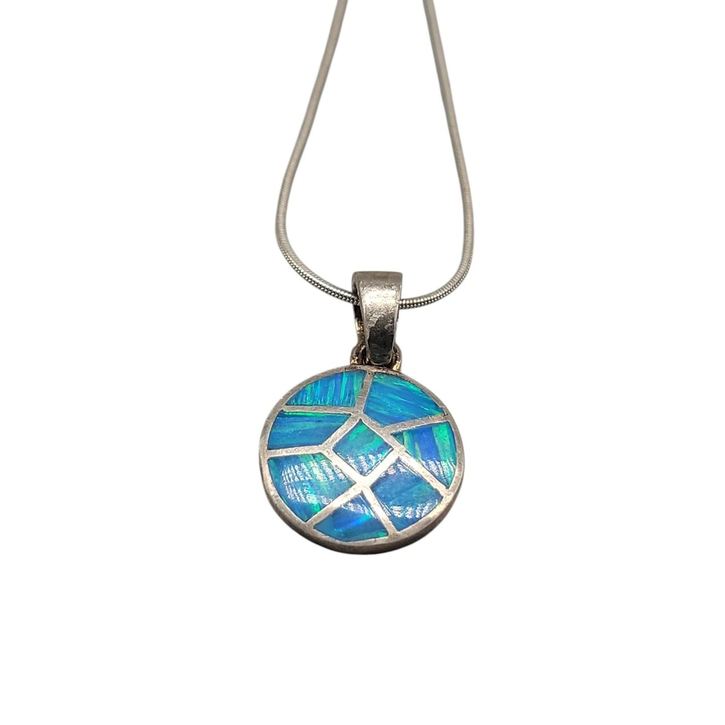 Sterling Silver Inlaid Blue Opal Pendant Necklace 16" Chain Signed ind0925