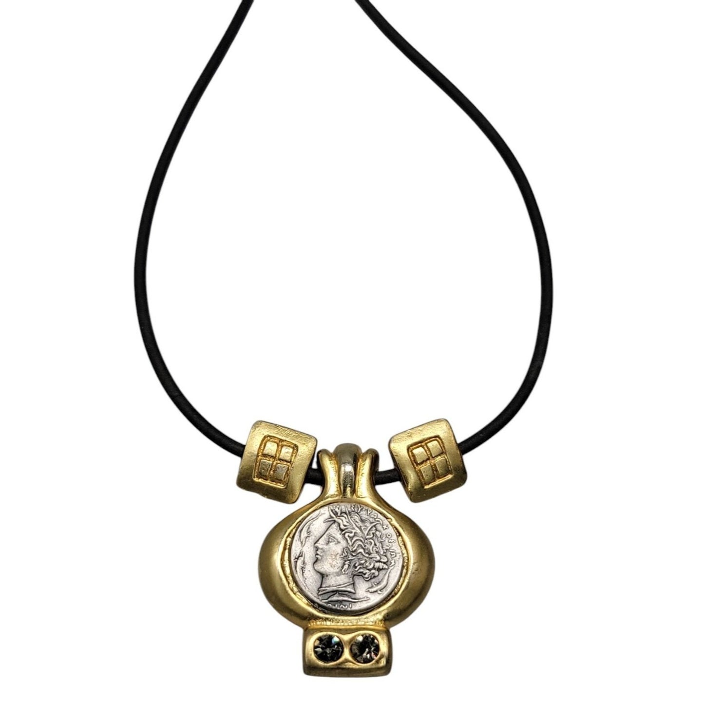 Vtg Greece 7g Greco-Roman Coin Charm Pendant Necklace Rhinestone Accent 19" Cord