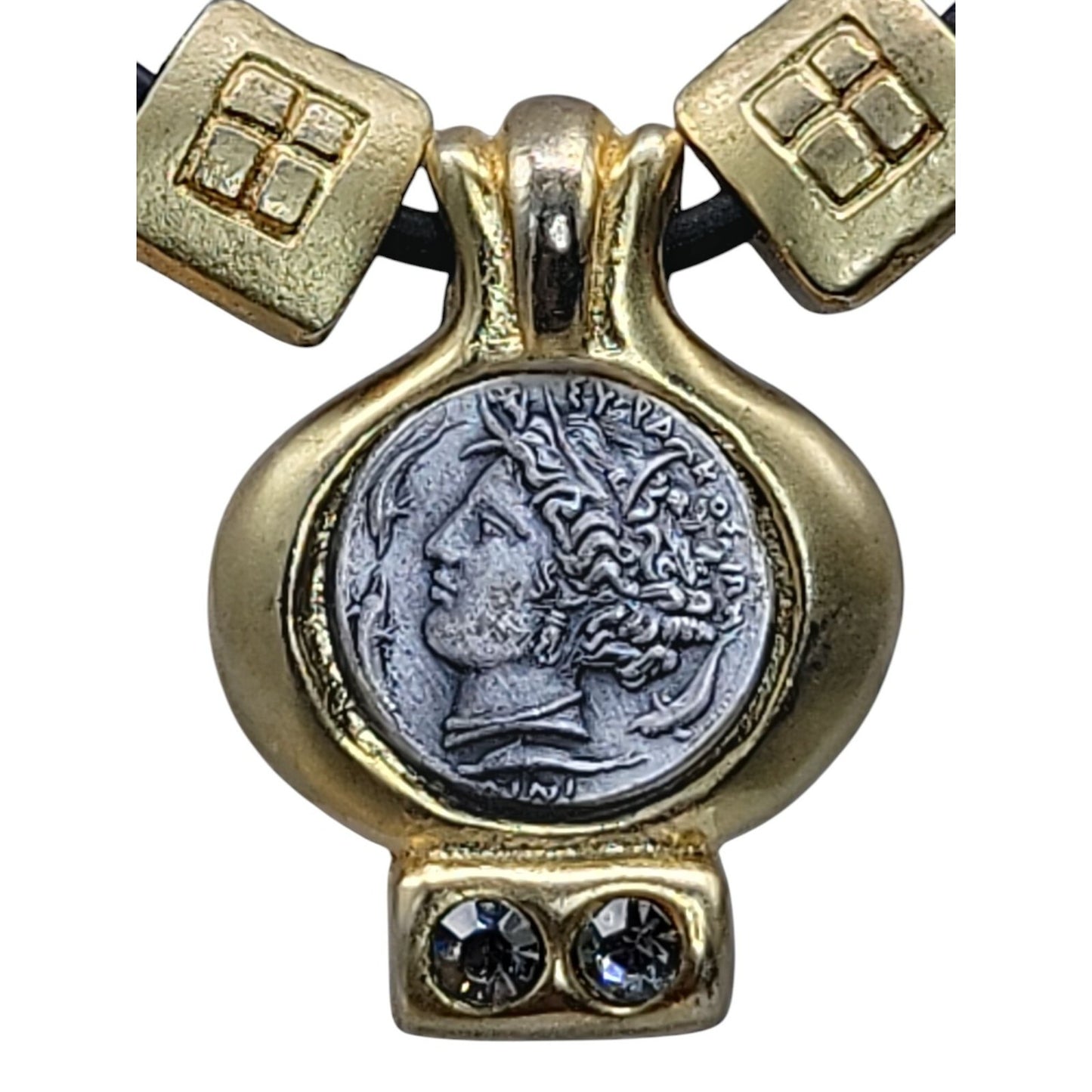 Vtg Greece 7g Greco-Roman Coin Charm Pendant Necklace Rhinestone Accent 19" Cord
