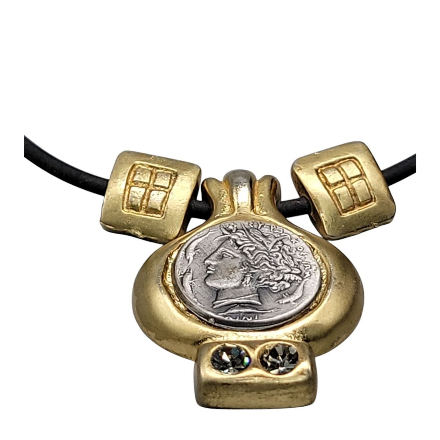 Vtg Greece 7g Greco-Roman Coin Charm Pendant Necklace Rhinestone Accent 19" Cord