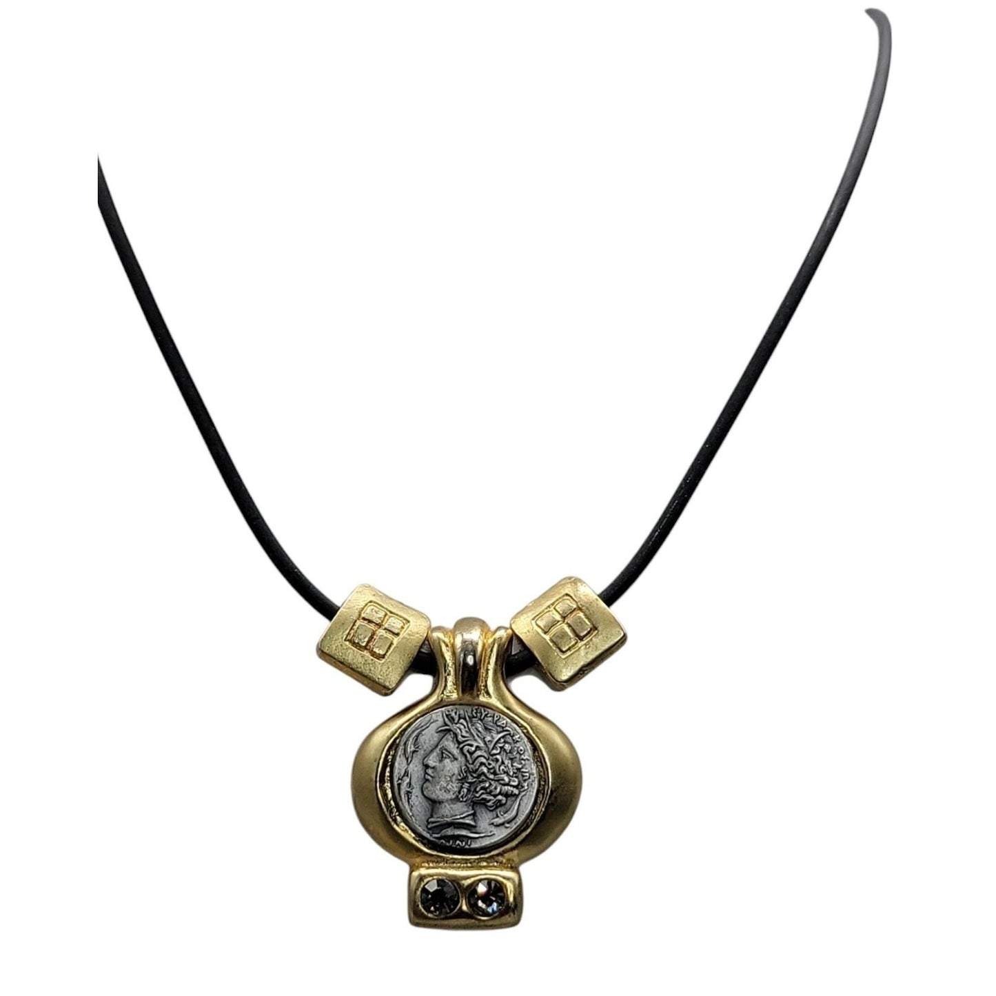 Vtg Greece 7g Greco-Roman Coin Charm Pendant Necklace Rhinestone Accent 19" Cord