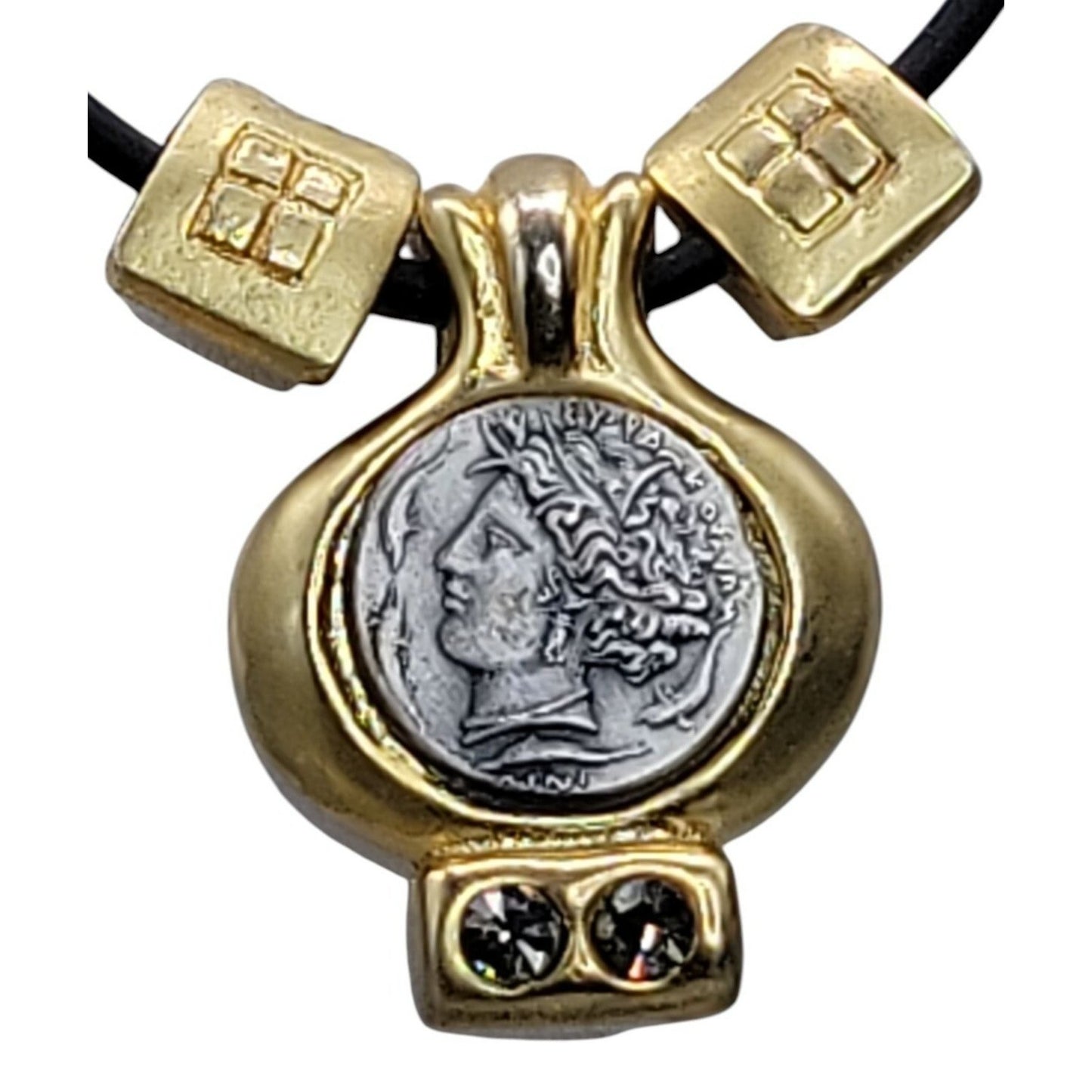 Vtg Greece 7g Greco-Roman Coin Charm Pendant Necklace Rhinestone Accent 19" Cord