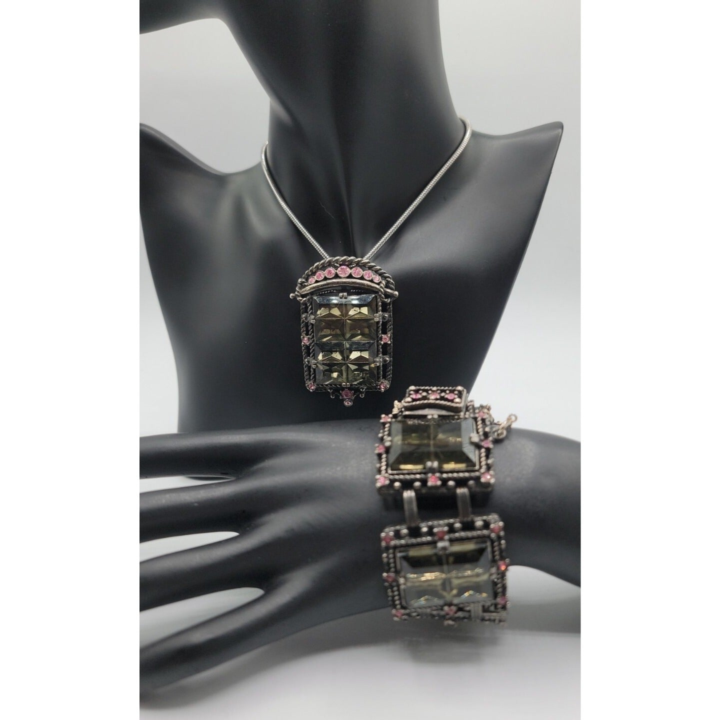 Sarah Coventry Midnight Magic Necklace & Bracelet Black w/Pink Grey Rhinestones