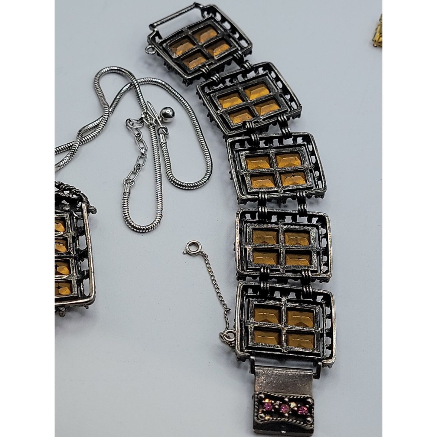 Sarah Coventry Midnight Magic Necklace & Bracelet Black w/Pink Grey Rhinestones