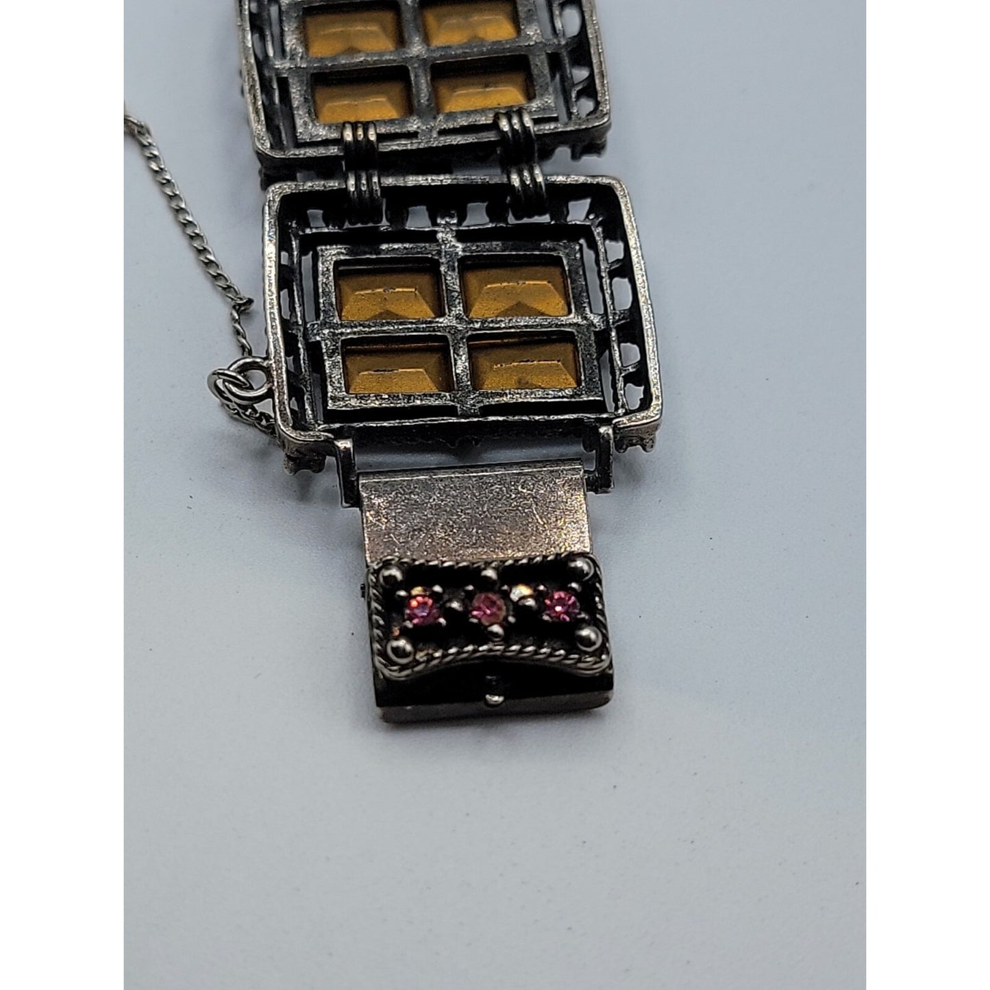 Sarah Coventry Midnight Magic Necklace & Bracelet Black w/Pink Grey Rhinestones